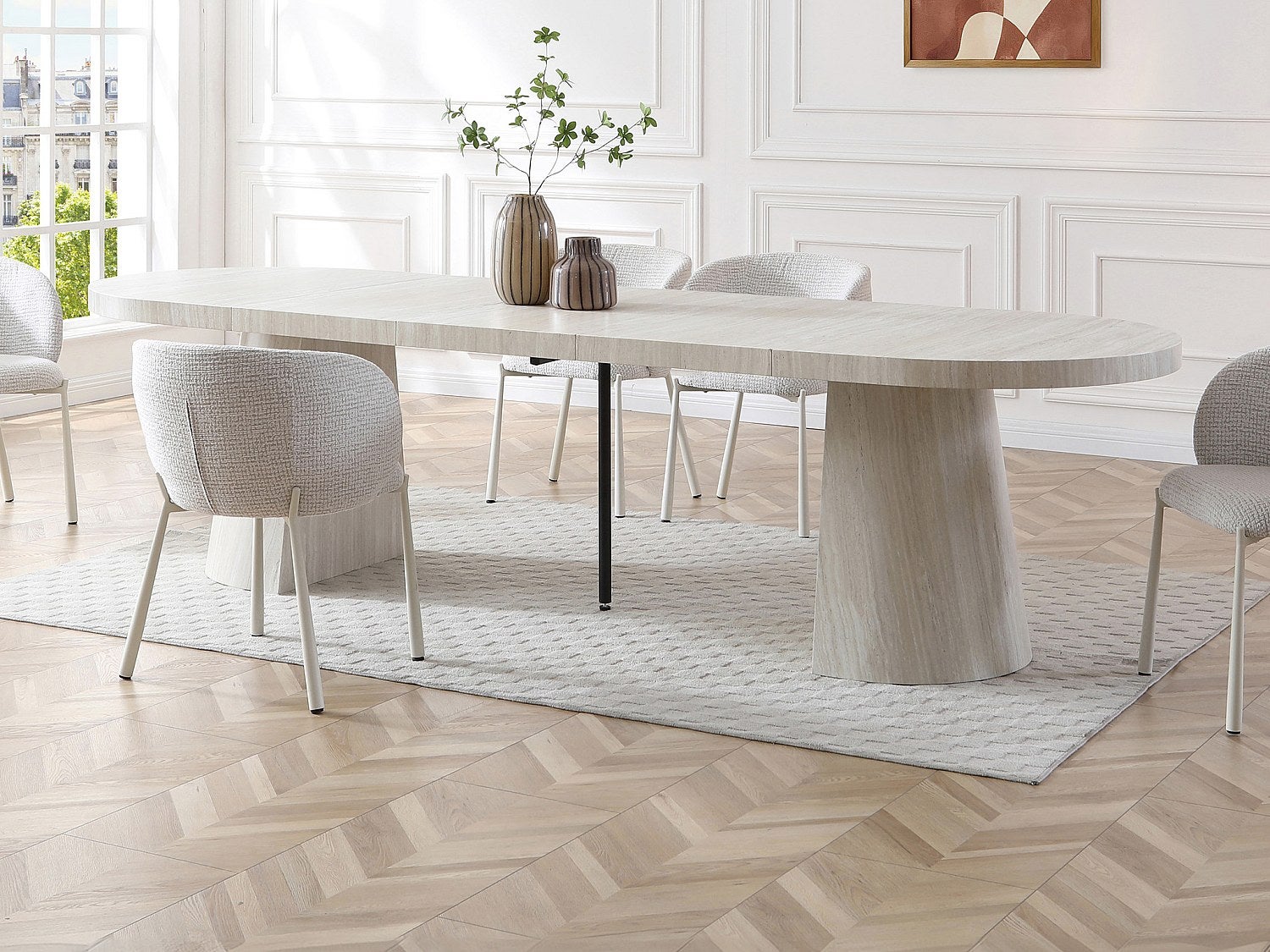 Rozkładany stół do jadalni dla 6 do +12 osób z MDF - Efekt beżowego trawertynu - CLOEVA