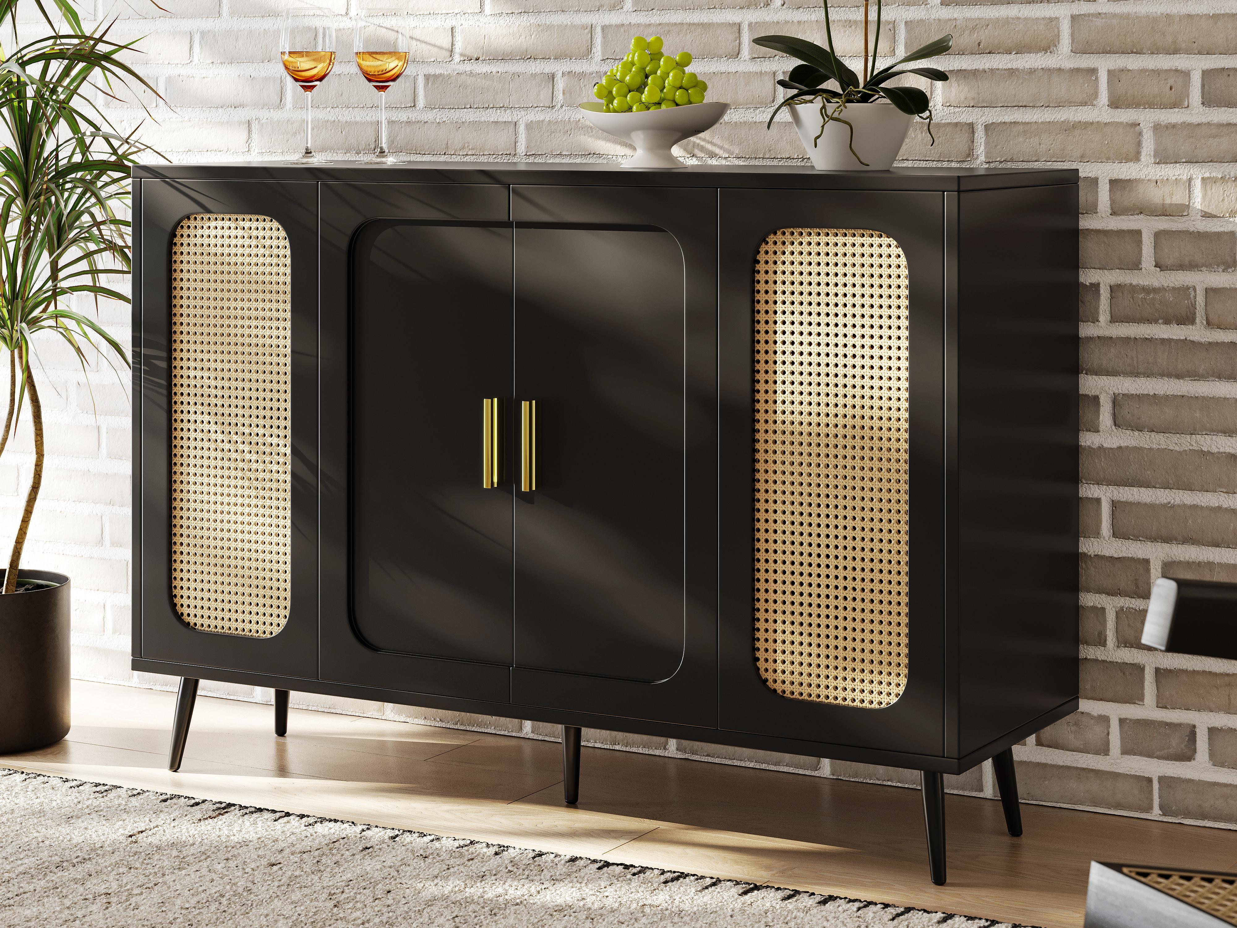 Credenza Moderna 4 Ante 160x35x78 Cm - Mobile Con Ripiani Regolabili E Maniglie Nere, Per Soggiorno, Camera Da Letto, Sala Da Pranzo