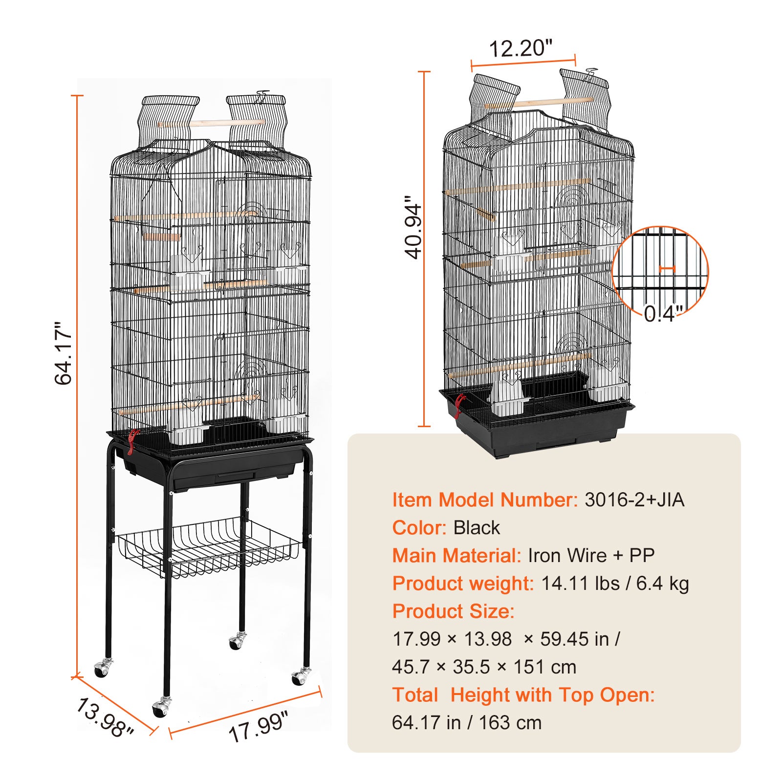 Gabbia per uccelli grande da 157 cm con parte superiore aperta e supporto girevole,SucceBuy ideale per pappagalli e parrocchetti - 9