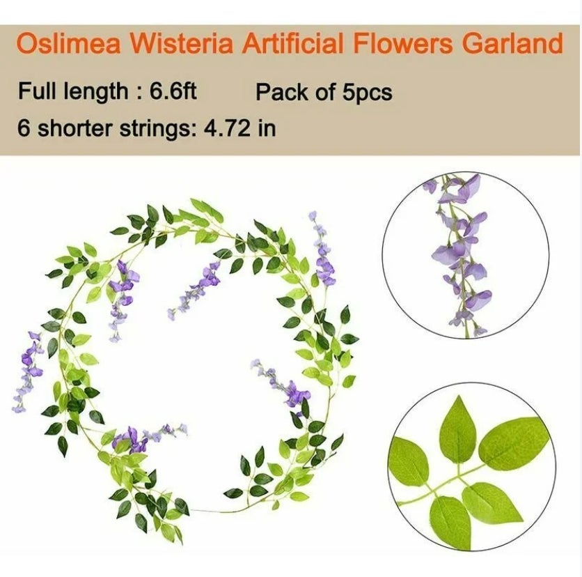 Guirlande de fleurs artificielles de glycine, 5 pièces au total 33 pieds fausse fleur de soie de vigne de glycine (violet clair-5 pièce - 3