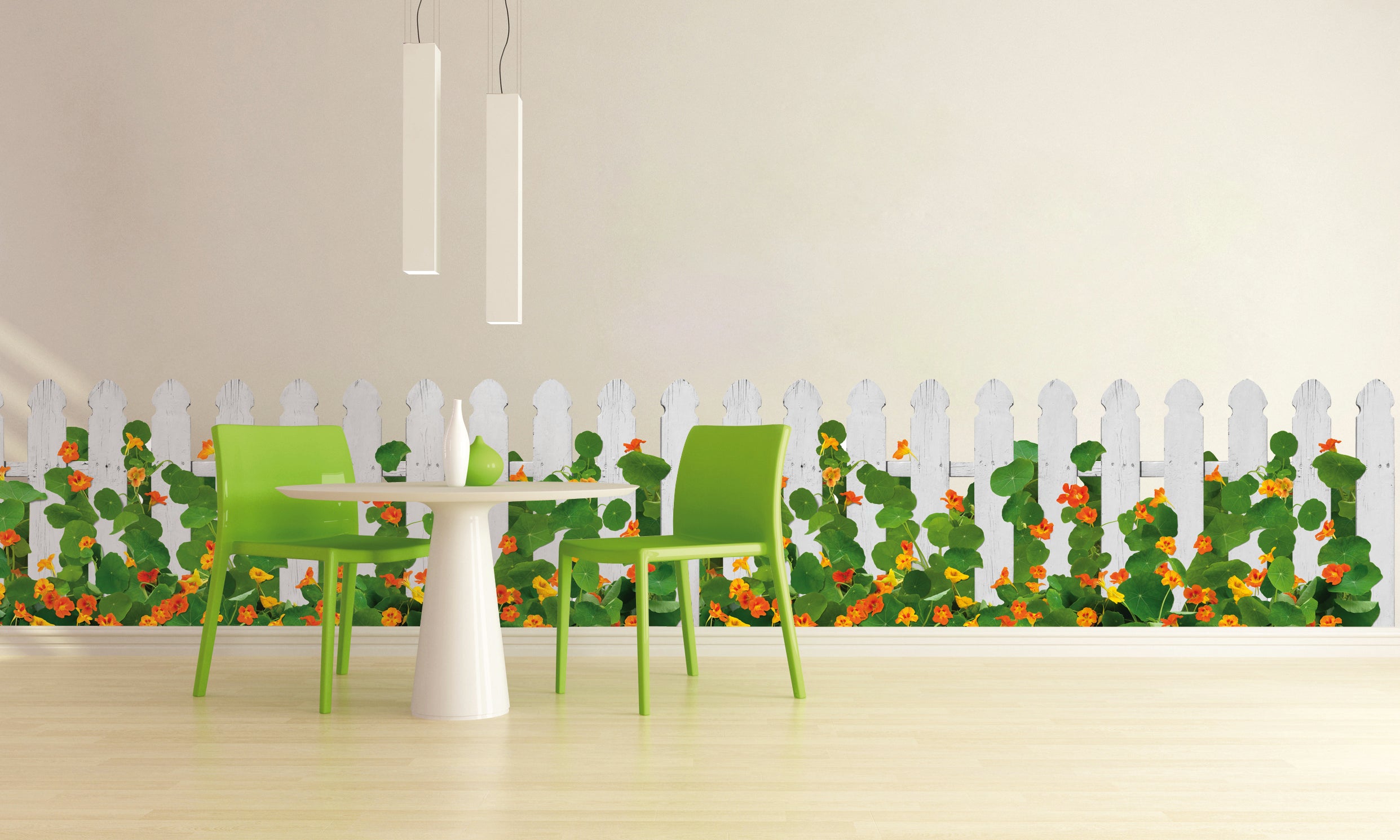 Pegatina decorativa pegatina trompe l'oeil, foto de una barrera blanca rodeada de flores de capacitación, 60 cm x 175 cm