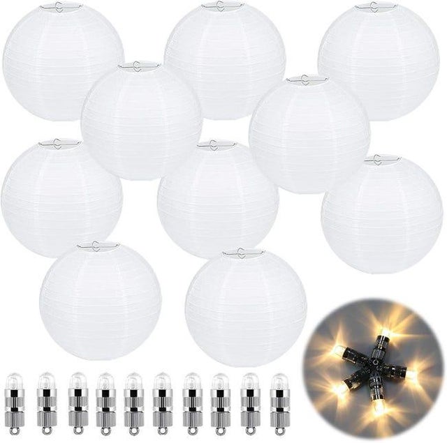 Juego de 10 farolillos colgantes redondos de papel blanco con cinta metálica y pantalla de papel, 20 cm (SKU del producto: 96652538 | SKU de la oferta
