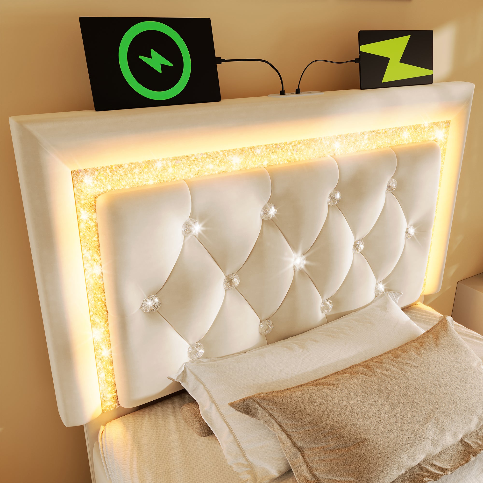 Łóżko z pojemnikiem na pościel 90 x 200 cm i zagłówkiem - Tkanina aksamitna - Diody LED - Porty USB i typu C - Beżowe (Materac w zestawie) - 9