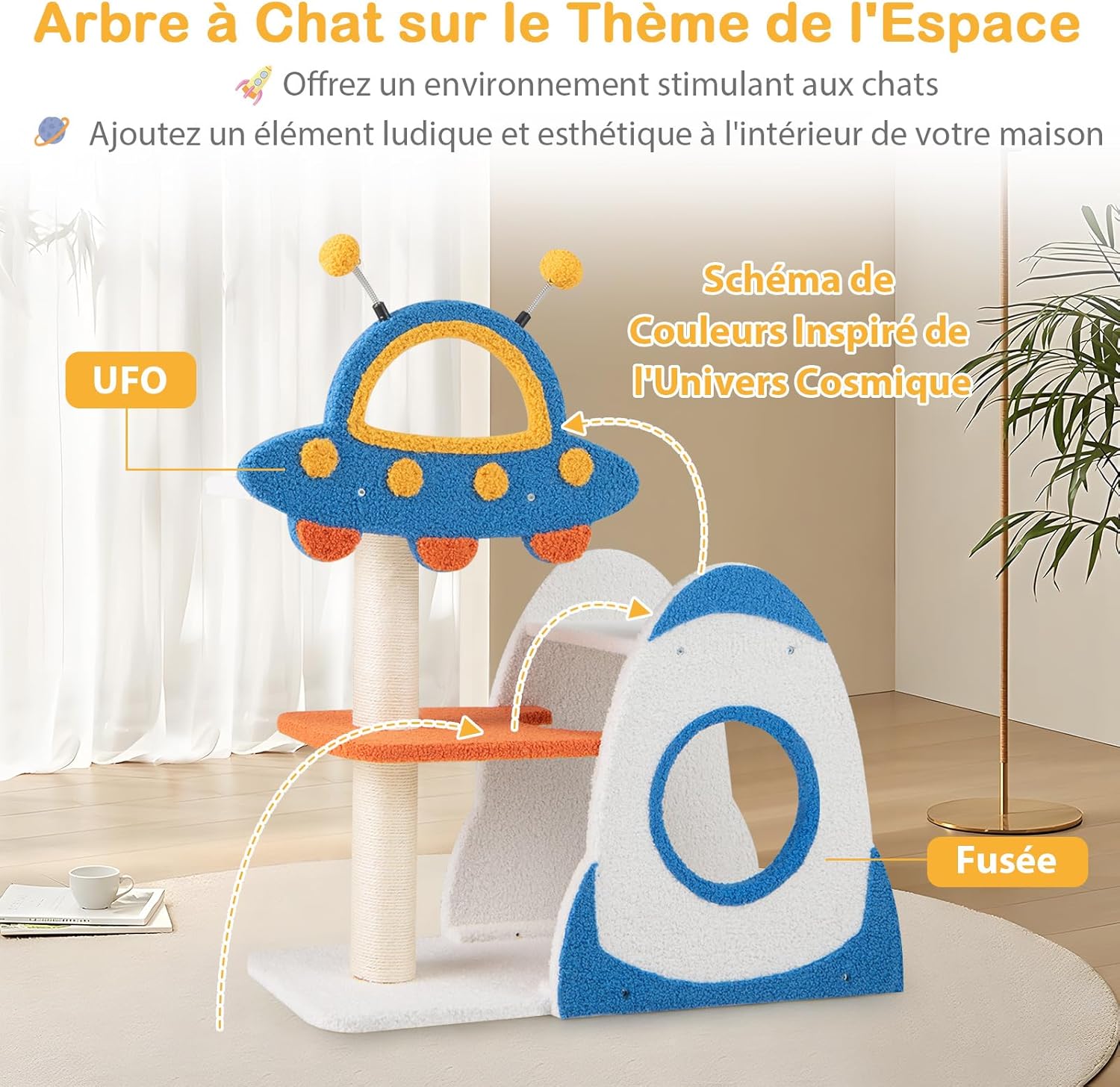 Tiragraffi per Gatti a Tema Spaziale, Albero per Gatti con Piattaforma a UFO e Pali in Sisal, Torre per Animali Domestici Interno (80 x 33 x 8 - 3