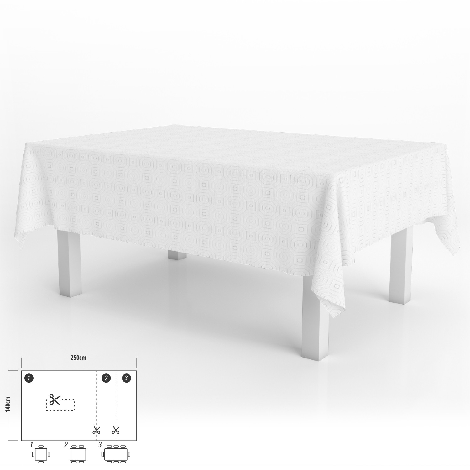 Mantel hule muleton rectangular blanco impermeable antimanchas pvc 140x250 cm. recortable uso interior y exterior