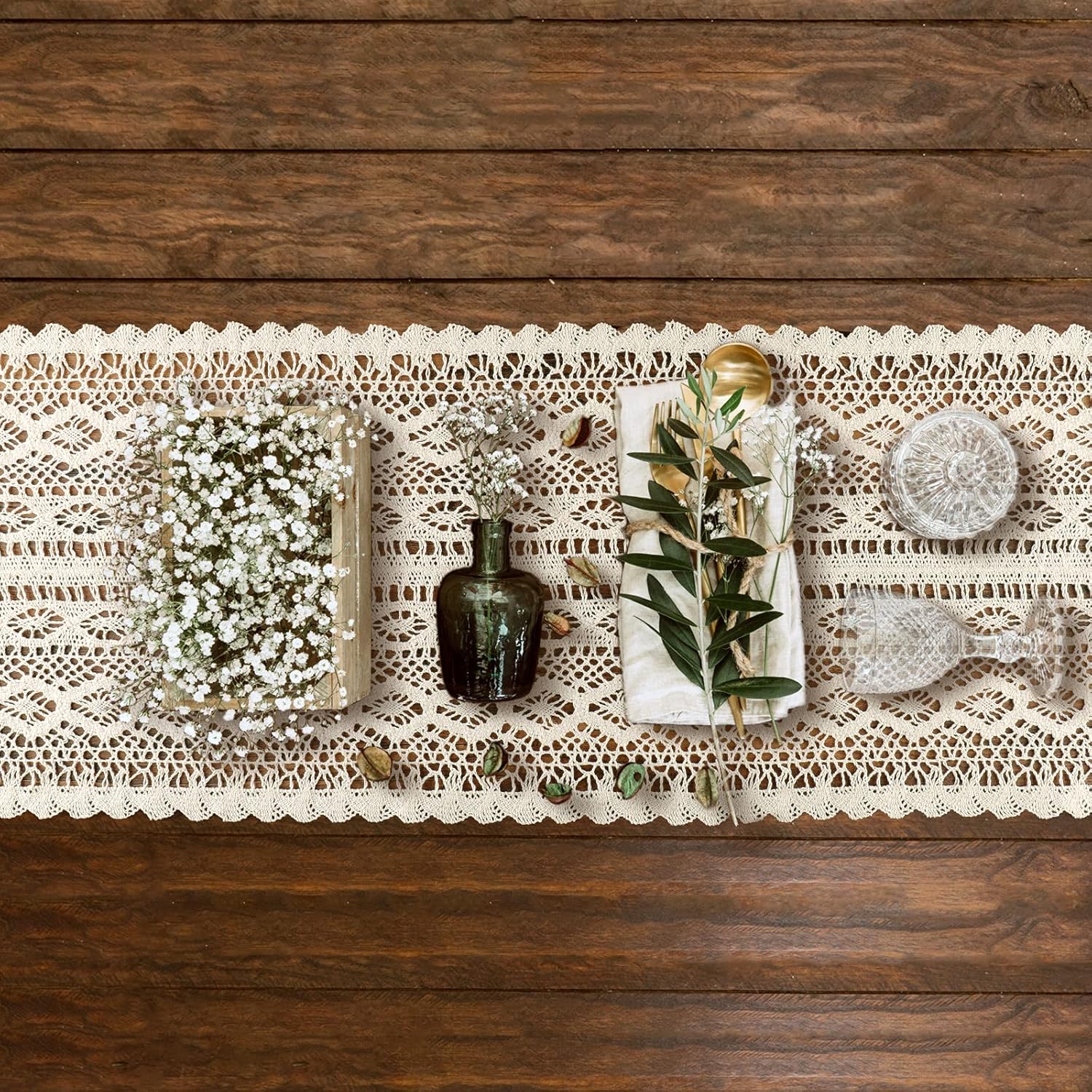Runner Da Tavola In Macramè Beige 30x180 Cm – Fatto A Mano In Cotone Con Nappe – Stile Boho Per Cucina - 3