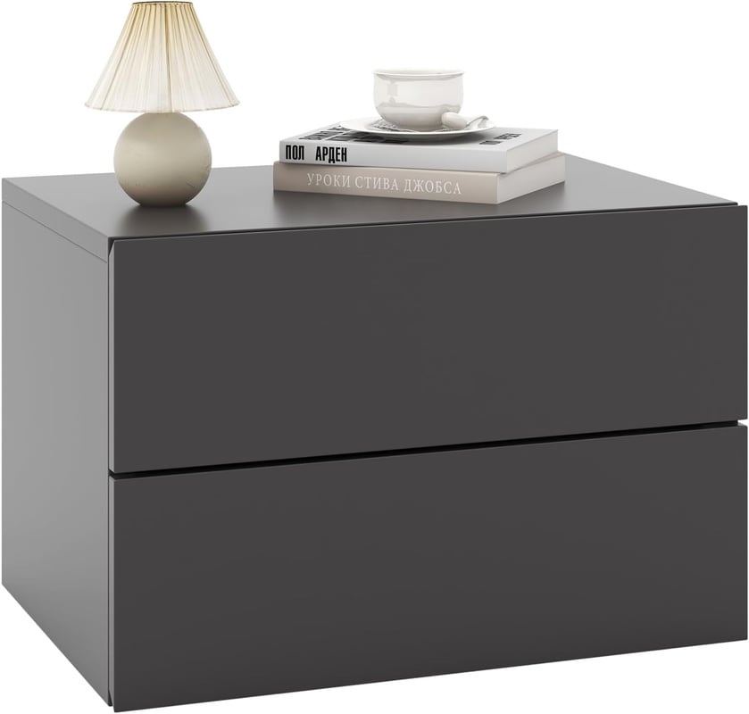 Stolik nocny wiszący, regał ścienny z 2 szufladami, stolik pomocniczy montowany na ścianie, szafka nocna do salonu, sypialni, 42 x 30 x 28 cm (szary)