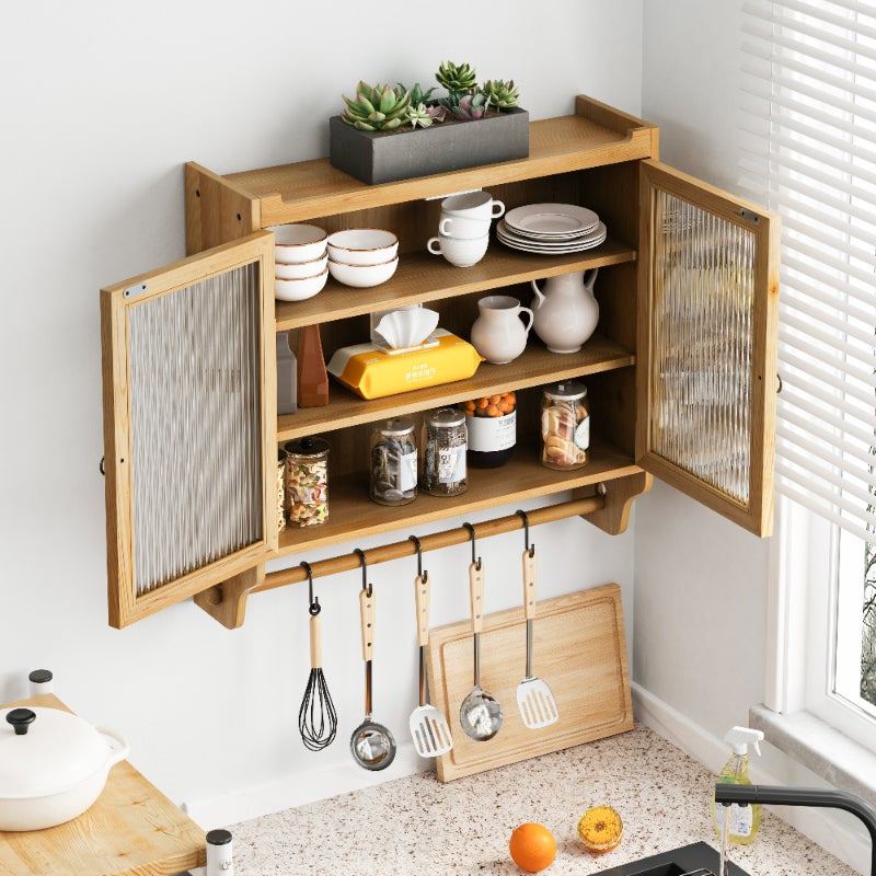 Armario empotrado vintage de madera con puertas acristaladas, 3 estantes y toallero, 63 cm, para baño, cocina y comedor - 3