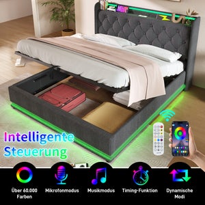 Letto Matrimoniale Imbottito 180x200 Con Luci LED, Porte USB E Cassetti Contenitore - Struttura In Velluto Beige Con Ricarica Type-C - 5