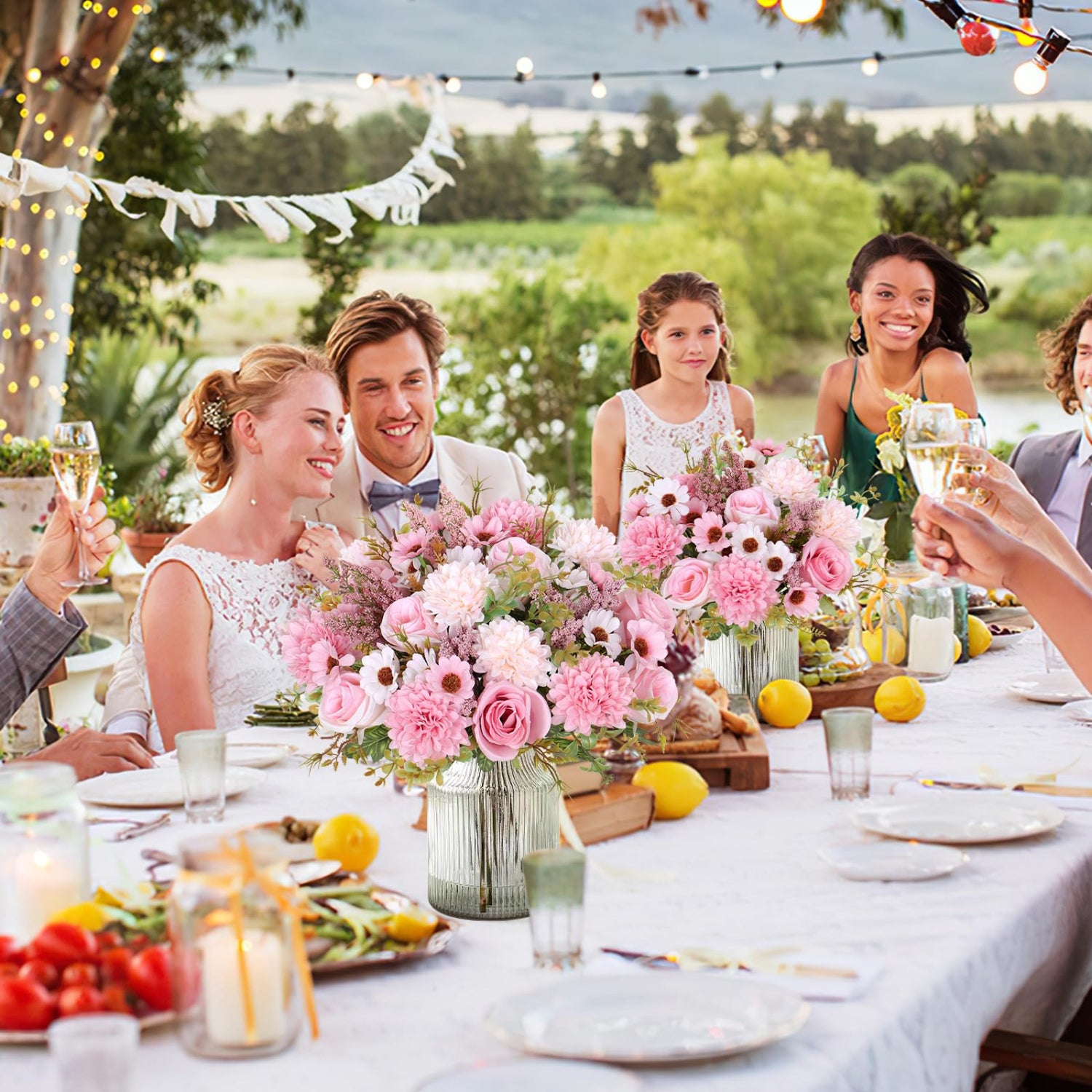 Lot de 4 bouquets de roses artificielles, 33 cm, roses en soie réalistes, pour décoration de table, cuisine, maison, rose - 6