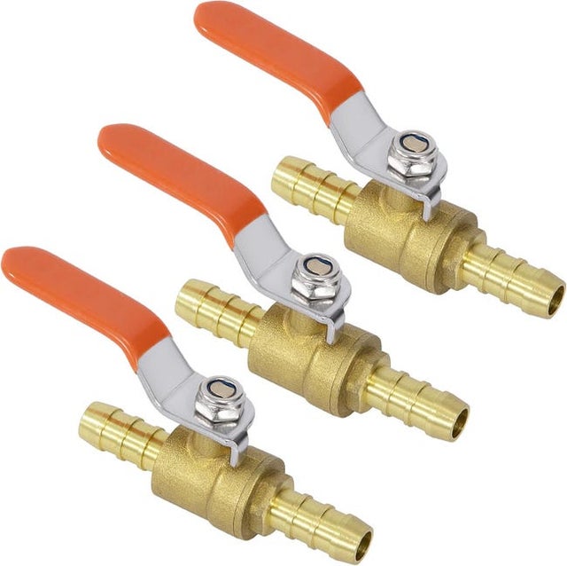 Conjunto de 3 válvulas de esfera de latão de 10 mm com conexão espigão, adequadas para água e gás.