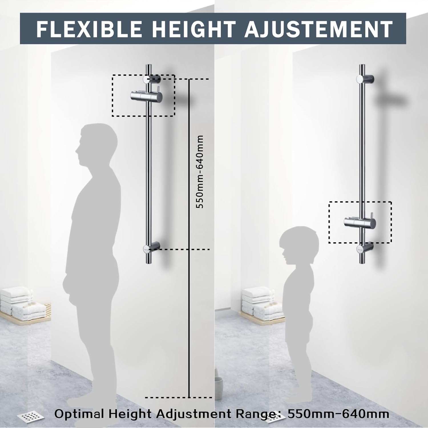Barre de douche inox 70 cm – Support pommeau 360° – Fixations adaptables – Finition brossée élégante - 6
