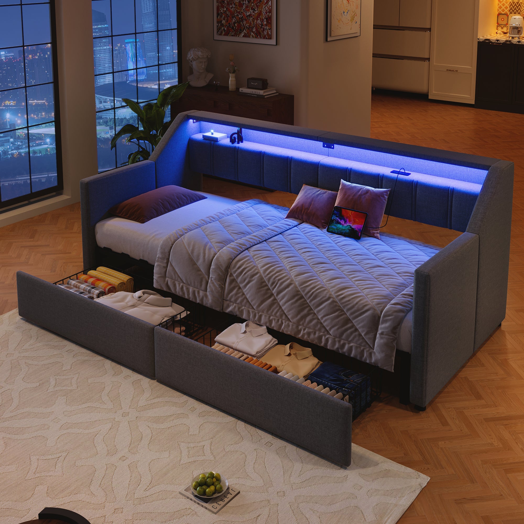 Sofa-łóżko 90x200cm - z USB + Type-C - z oświetleniem LED - z 2 szufladami - szara (bez materaca)