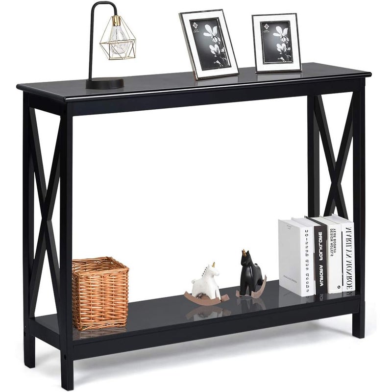 Stolik Konsolowy z 2 Poziomami, Mebel do Przedpokoju, Półka do Przechowywania z 2 Poziomami, 100 x 30 x 80 cm Przechowywania (2 Poziomy, Czarny)