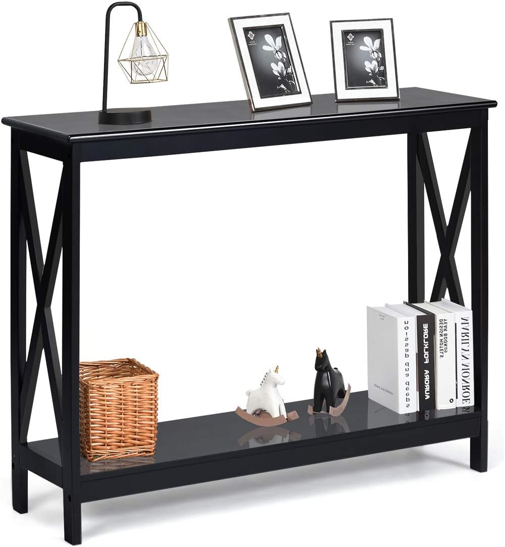 Stolik Konsolowy z 2 Poziomami, Mebel do Przedpokoju, Półka do Przechowywania z 2 Poziomami, 100 x 30 x 80 cm Przechowywania (2 Poziomy, Czarny)