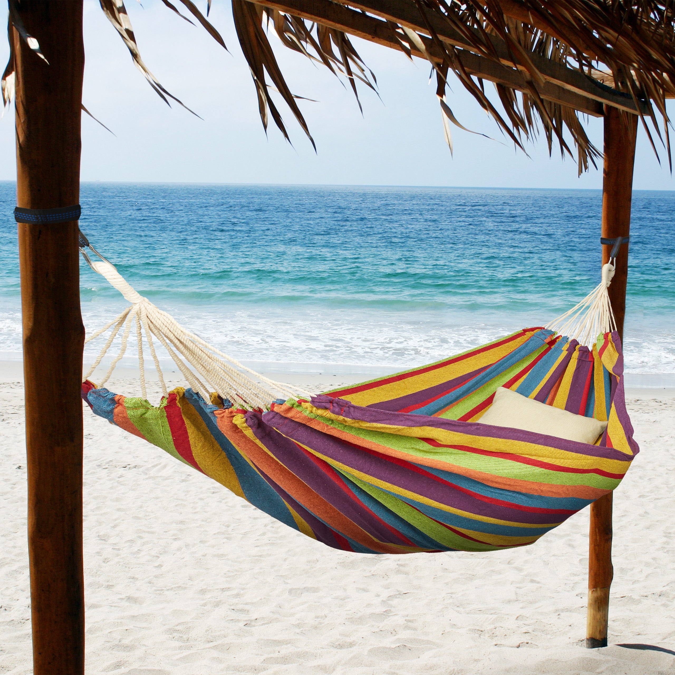 Hamac 300kg, 2 pers., Jardin Extérieur, Suspendu, Intérieur, Coton, Transportable, 150x272 cm, multicolore, Relaxdays - 3