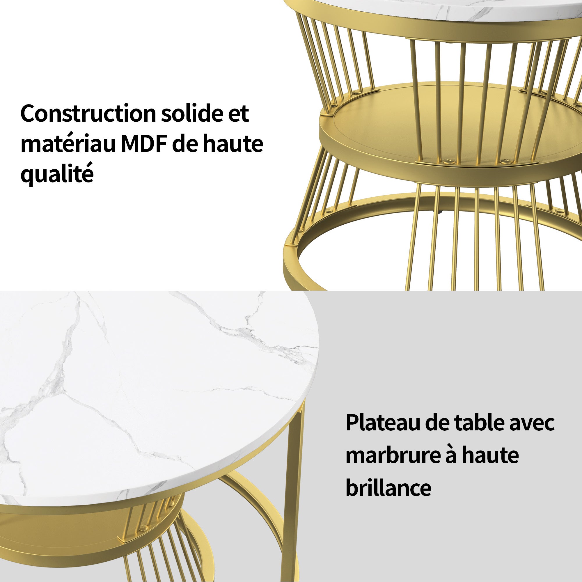 Ensemble de 2 Tables Basses Rondes, Tables Gigognes de Salon Modernes avec Pieds en Métal Doré, Blanc et Or(70 x 45.5cm) - 7