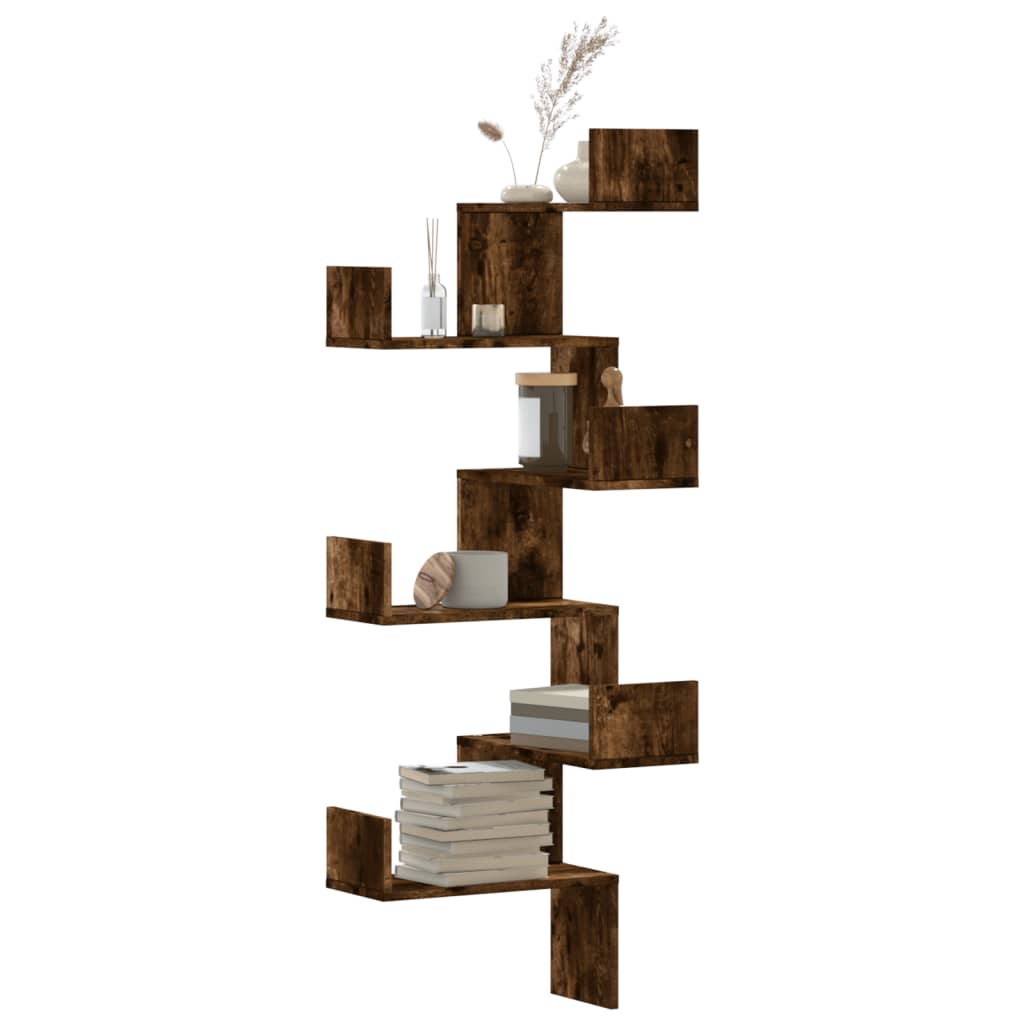 Étagère d'angle murale | Étagère flottante | Étagères de rangement chêne fumé 45x45x147cm bois d'ingénierie CFW97542 - 2