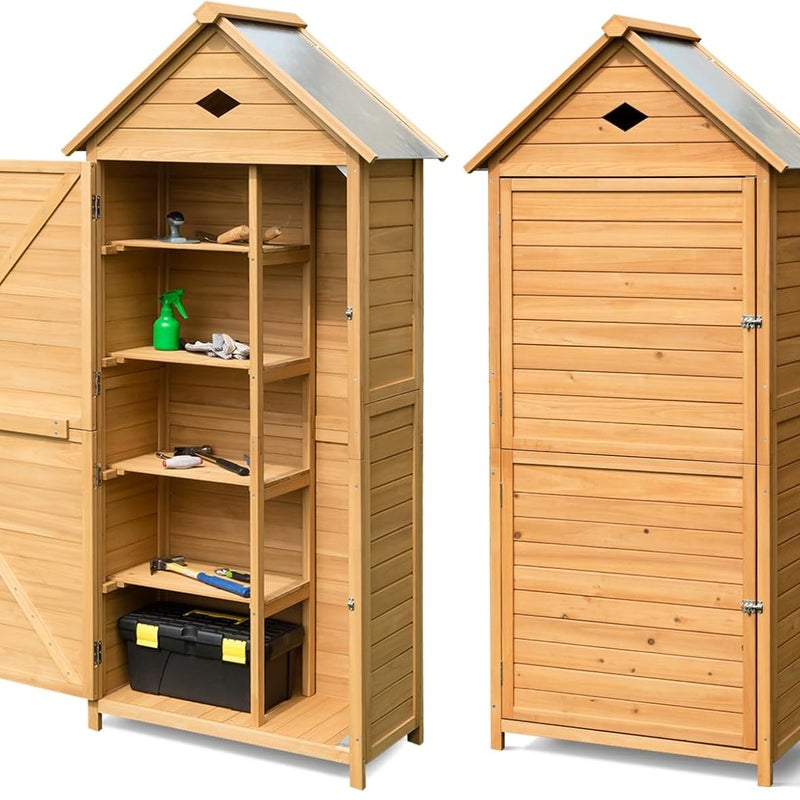 Altana Ogrodowa z Drewna Świerkowego FSC, Altana na Narzędzia z 5 Przegrodami, Schowek na Narzędzia, Duża Pojemność, 70 x 35,5 x 176 cm
