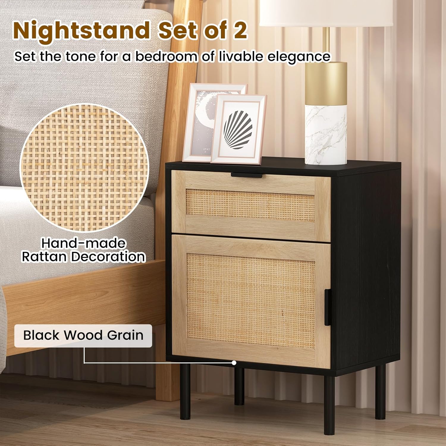 Zestaw 2 Stolików Nocnych z Plecionką, Stolik Nocny z 1 Szufladą i 1 Drzwiczkami, Solidne Metalowe Nogi, Stolik Nocny z Rattanu, Styl Bohemy (Czarny) - 7
