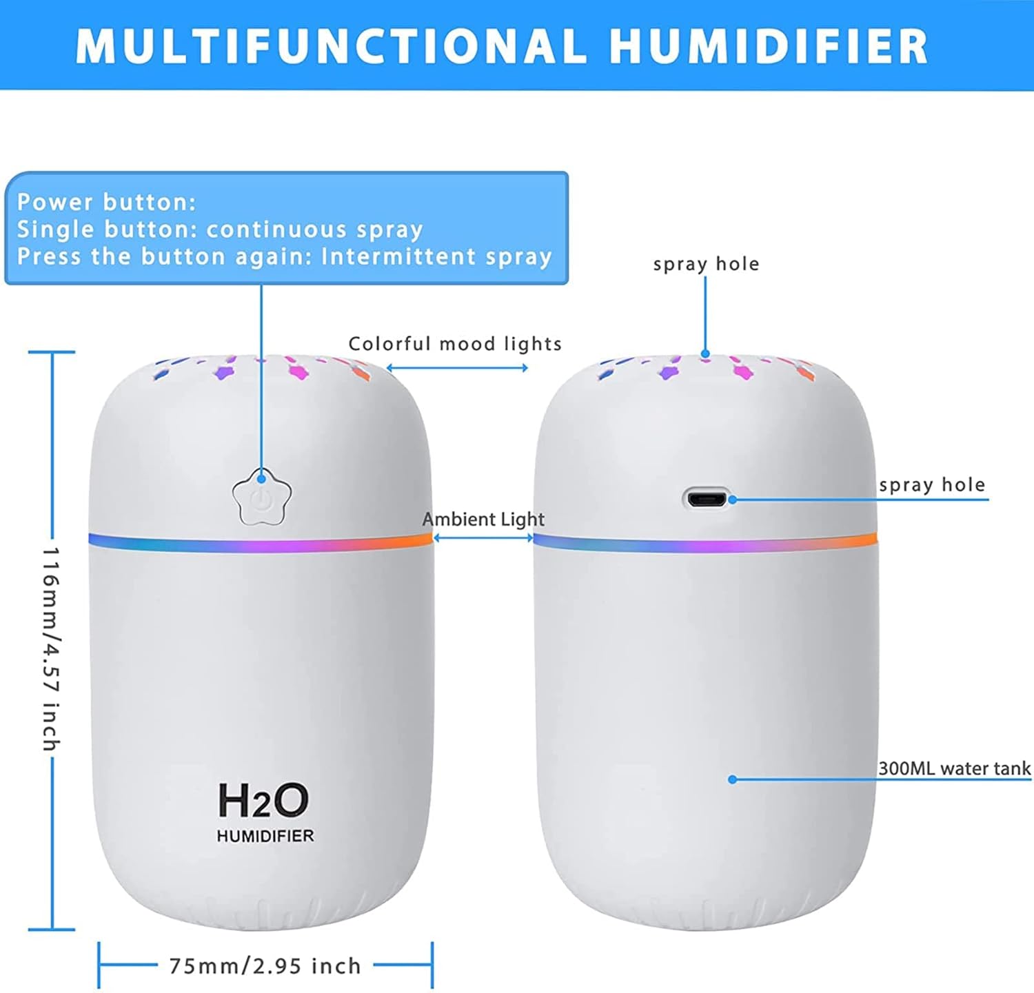 Mini Humidificateur D'Air Bouteille Diamant 21cm - Silencieux + Veilleuse - Blanc