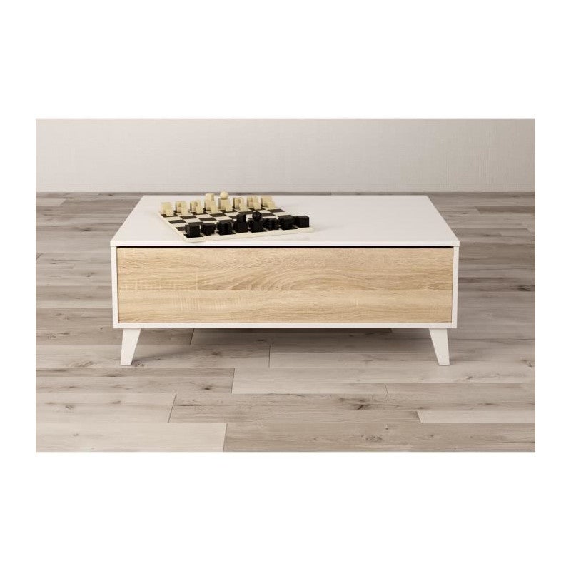ZAIKEN PLUS Table basse scandinave blanc brillant et decor chene - L 100 cm - 4