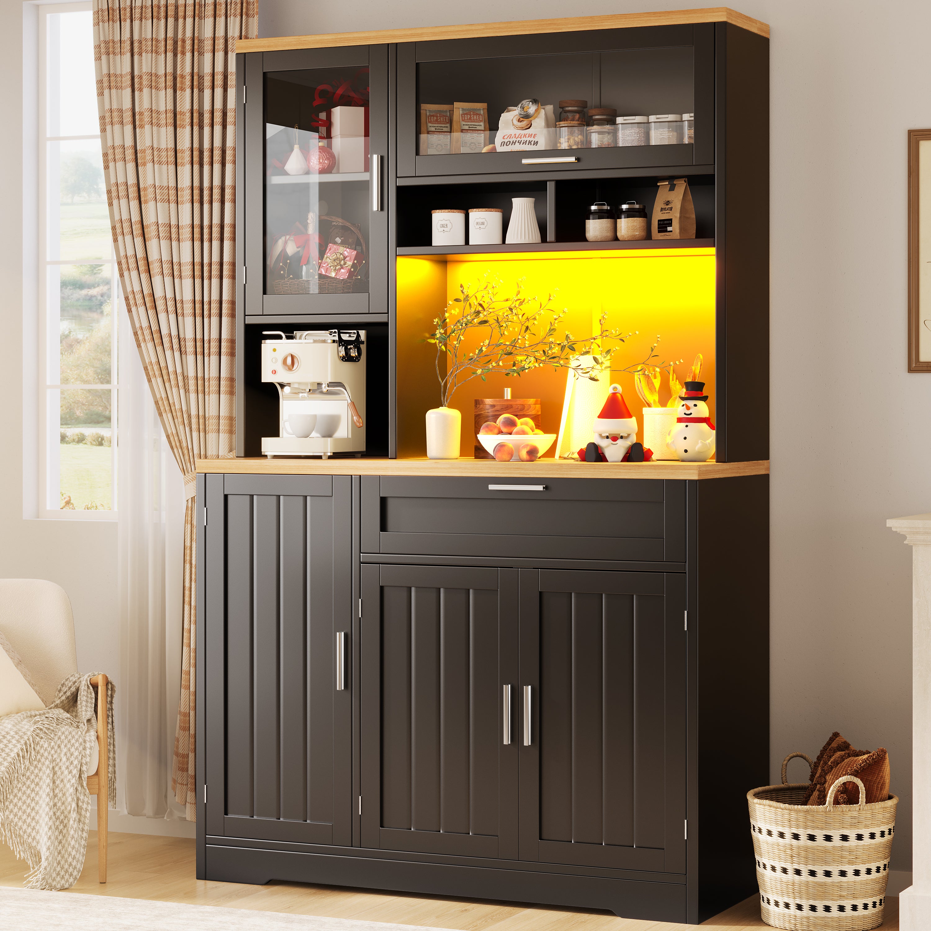 Meuble cuisine armoire haute vitrine LED 104x40x180cm blanc noir ...