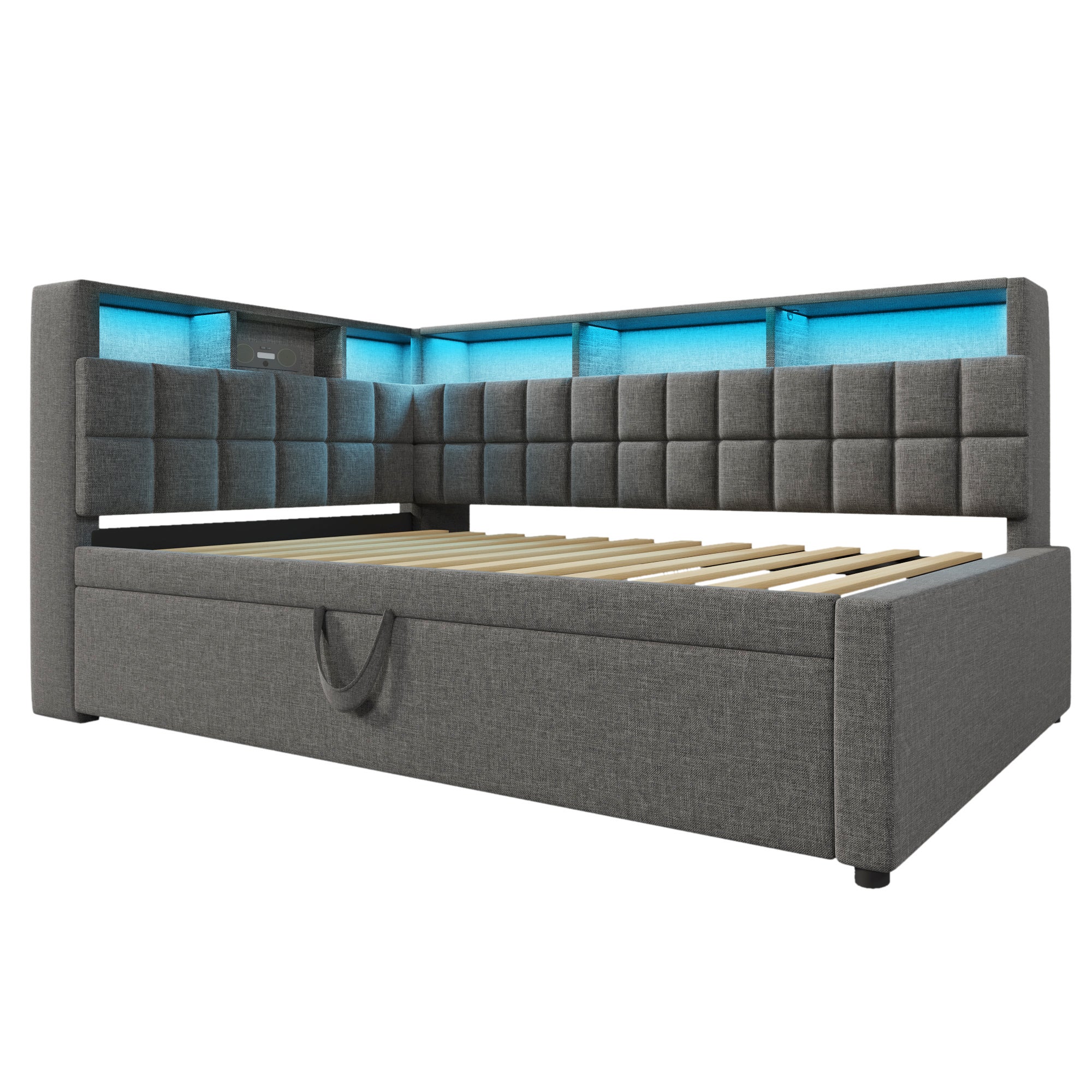 Sofa rozkładana 90x200cm - z wysuwanym łóżkiem - z oświetleniem LED - z głośnikiem Bluetooth i portem ładowania - tkanina lniana - szara - 9