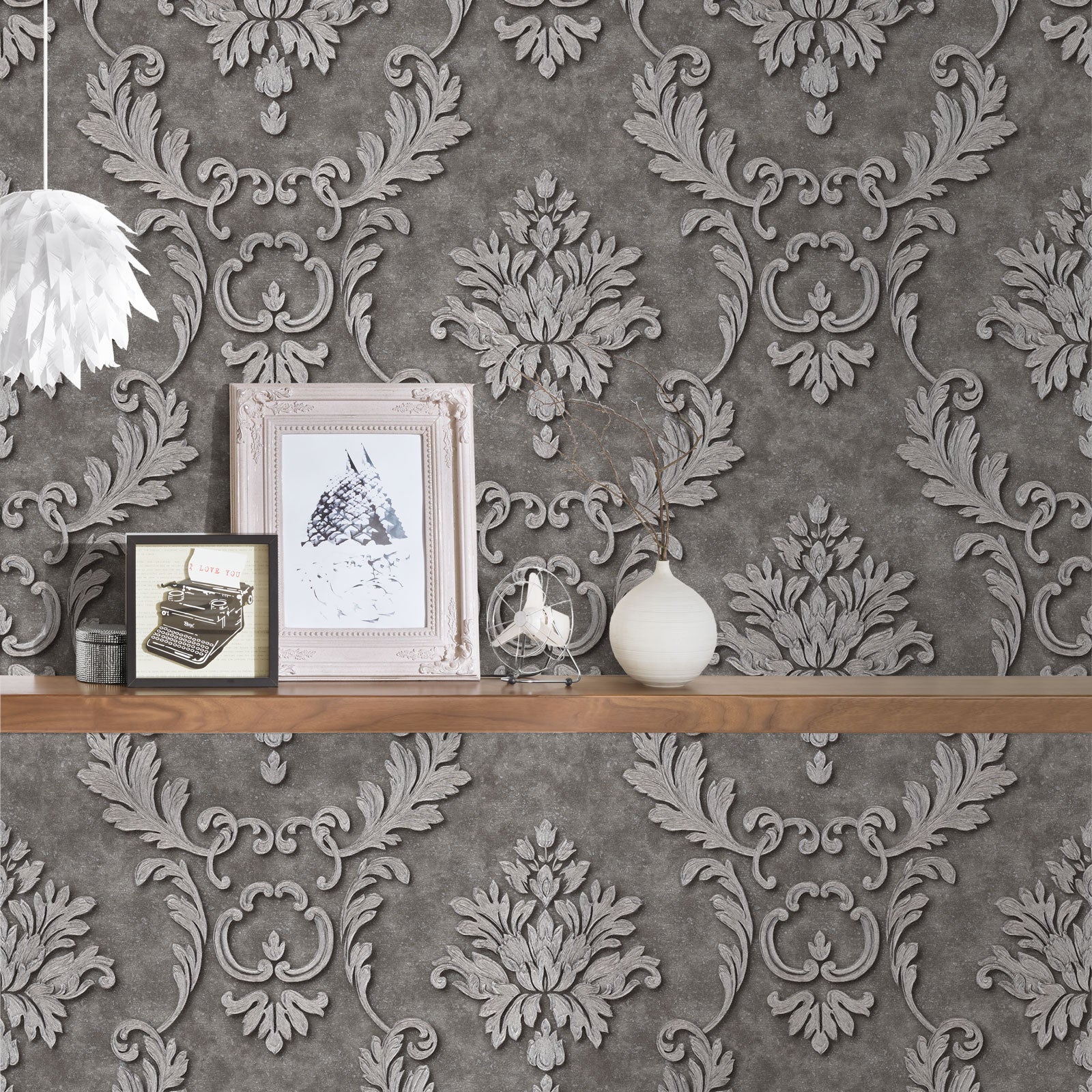 Papel pintado damasco papel pintado gris y plata para salón, cabecero & dormitorio papel pintado vinílico estilo barroco elegante