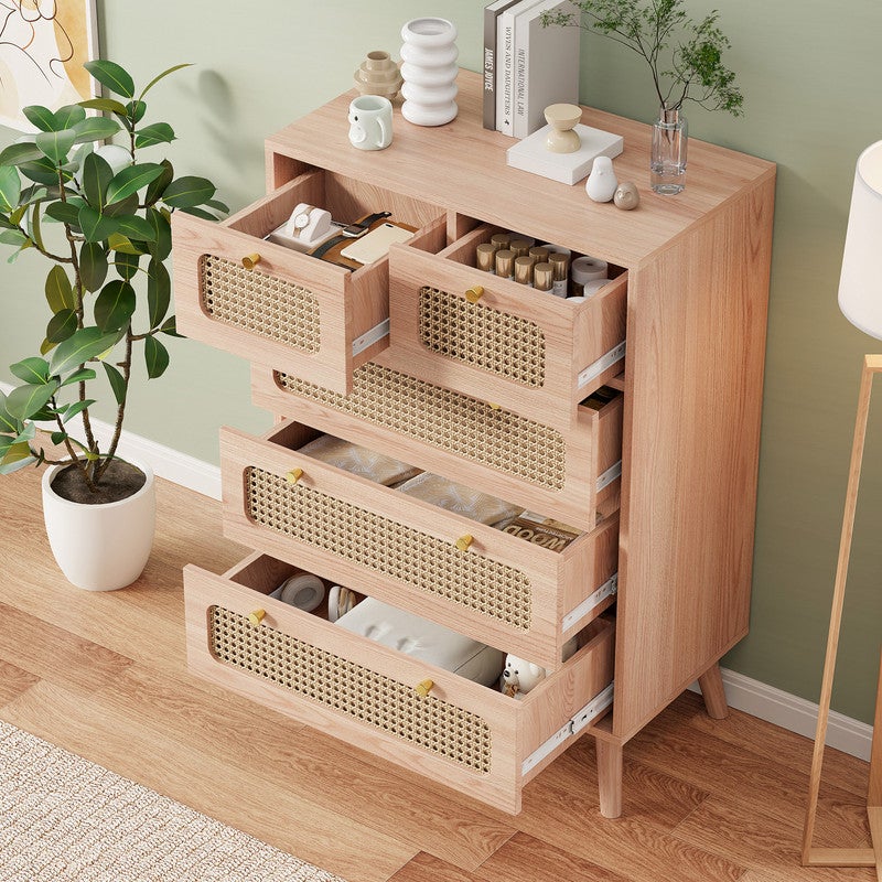 Commode à 5 tiroirs, structure en bois, finition rotin, buffet, meuble de rangement, couleur bois naturel - 2