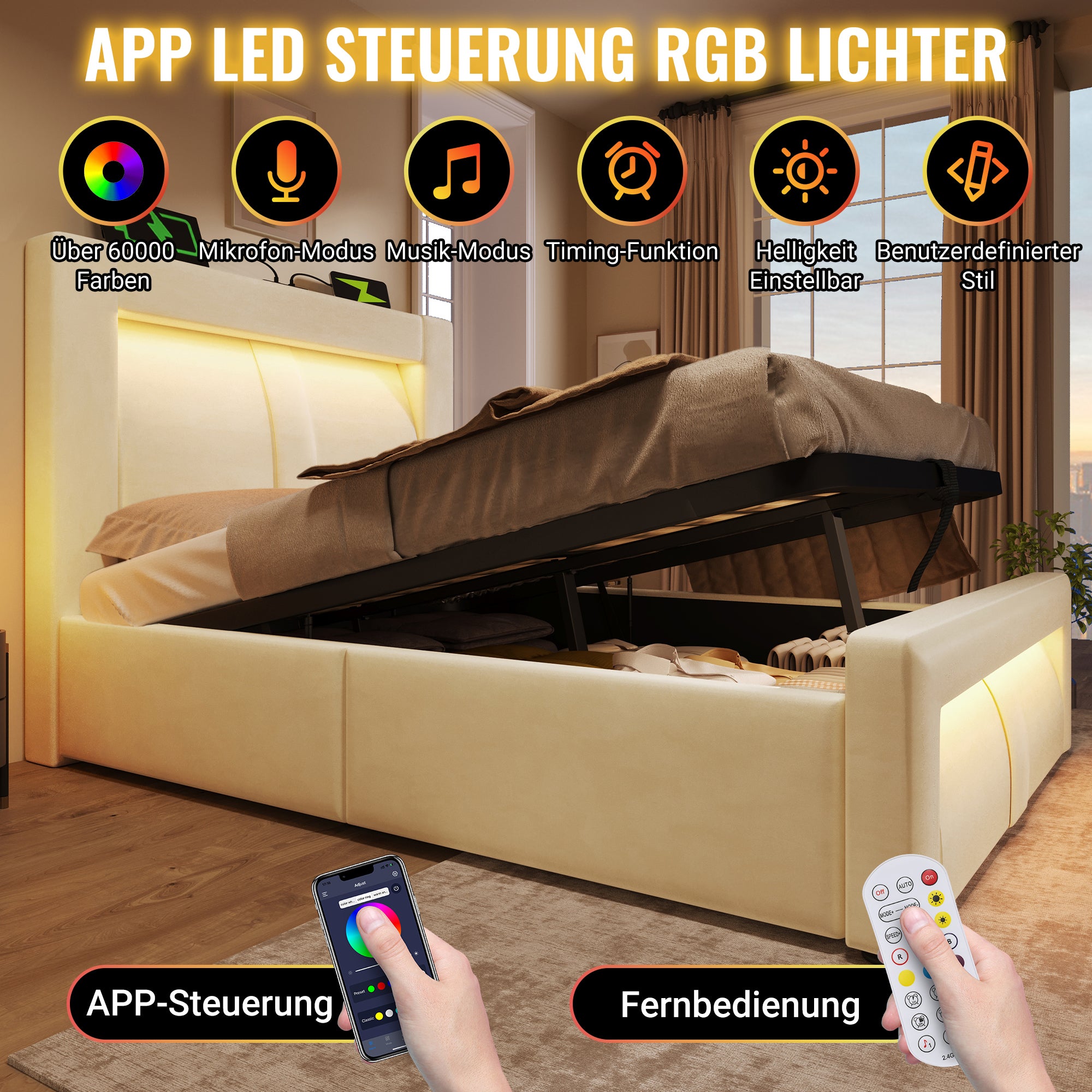 Łóżko z pojemnikiem 180 x 200 cm i zagłówkiem – aksamitne – porty USB i typu C + diody LED – dla dzieci – beżowe - 4