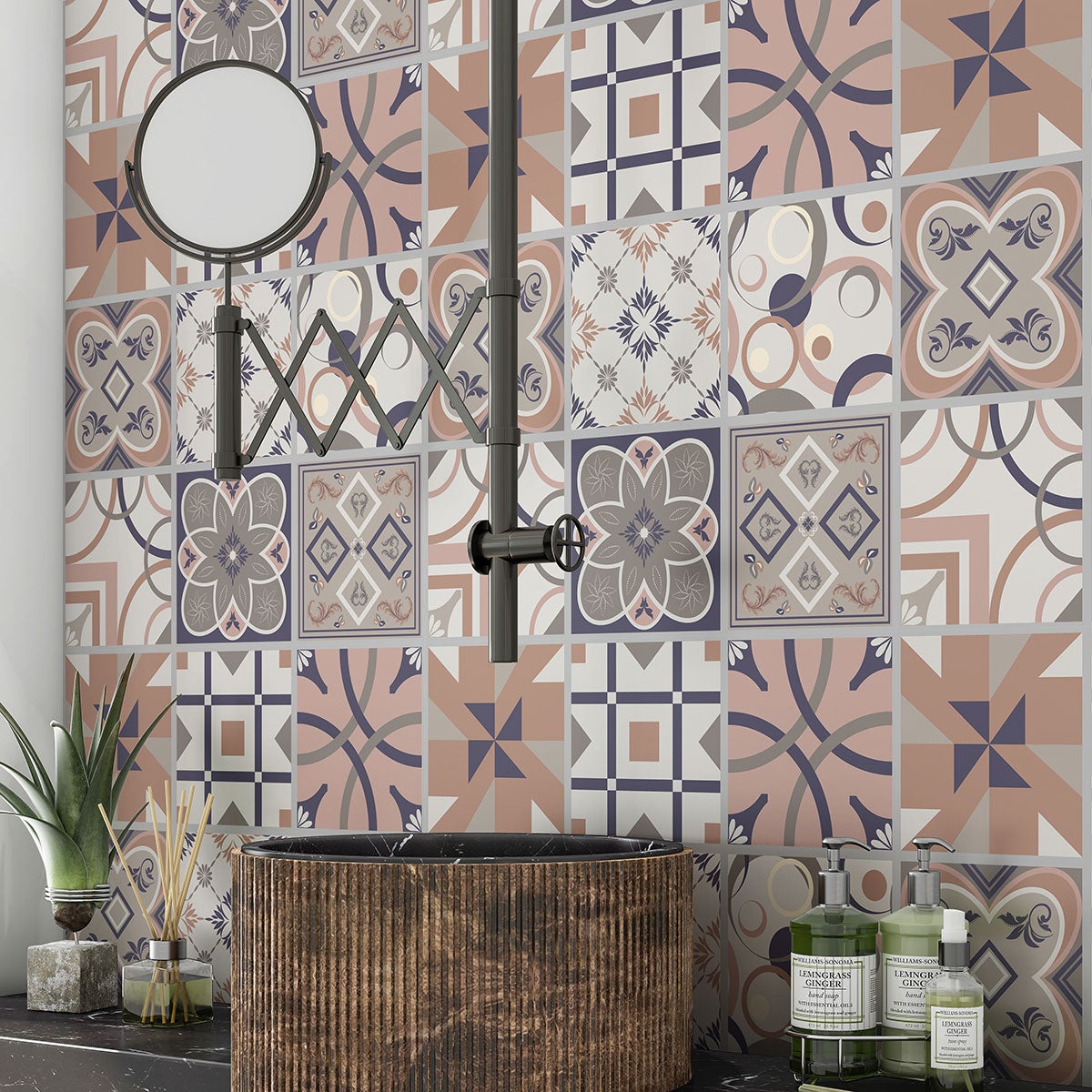 Crédence adhésive sticker pour salle de bain - Motif carreaux de ciment - Adhésif MAT - 90x90 cm - 2