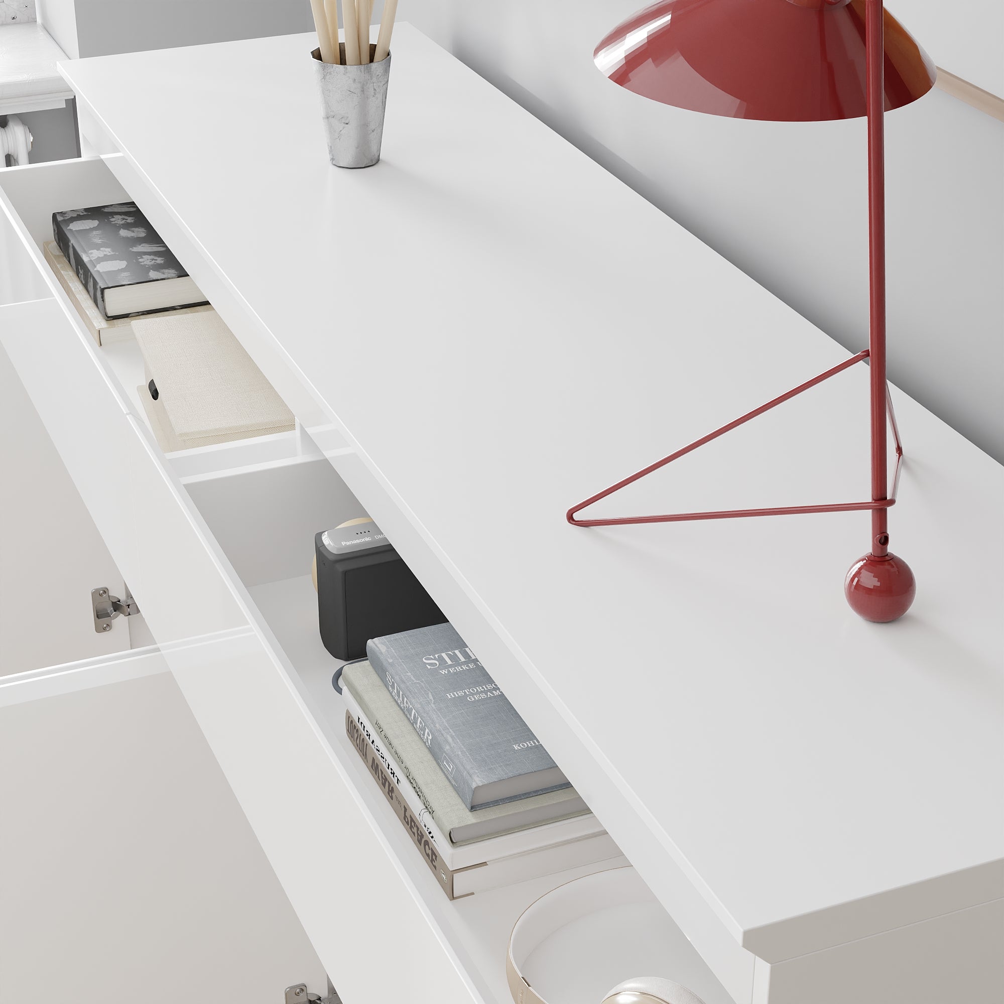 Grand Buffet de Salon avec 4 Portes et 2 Tiroirs, Rangement de Chambre sans Poignée, 155 x 40 x 83, Blanc Brillant - 3