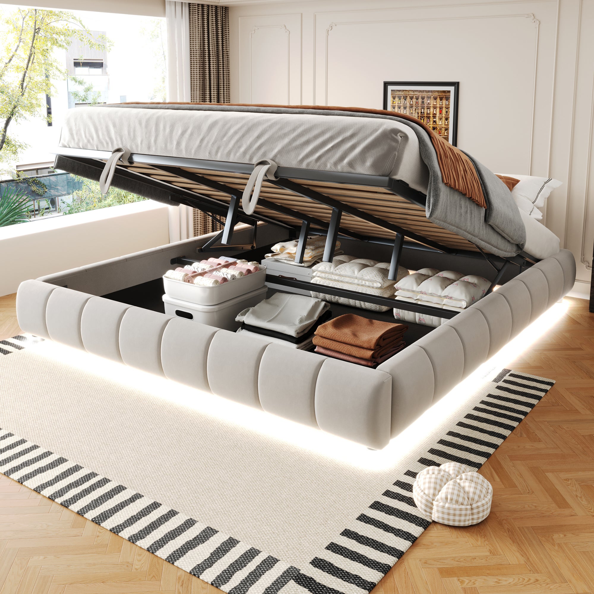Bett 180x200 cm bez głowienia z LED, hydrauliczny z magazynowaniem, beżowy, metalowy, 300 kg