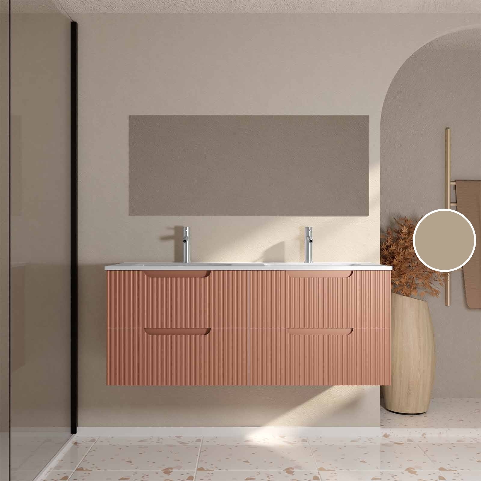 Meuble de Salle de Bains LEON 120cm Terracotta - 4 Tiroirs en MDF Ondulés - Vasque à encastrer - 5