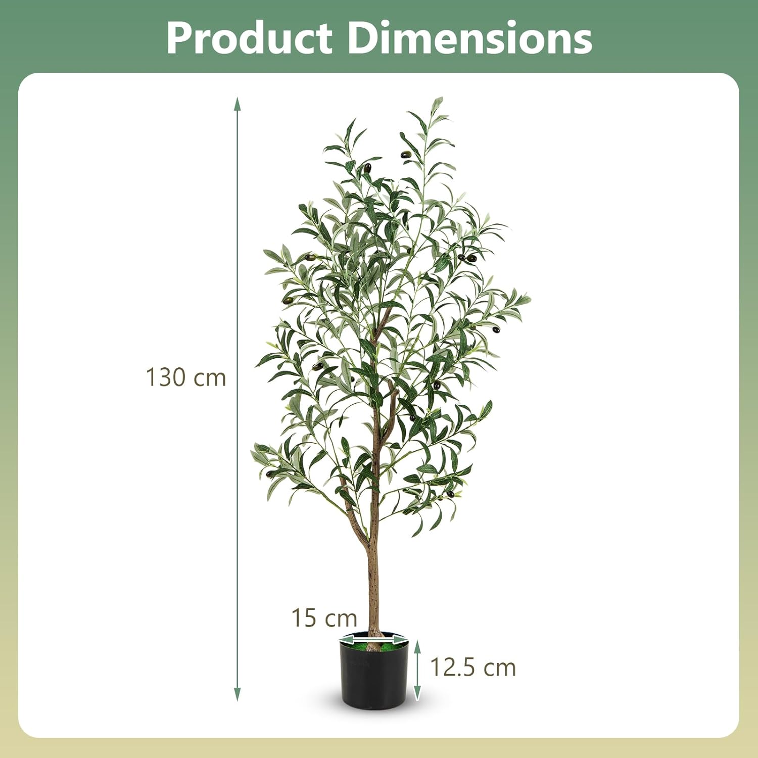 Lot de 1/2 arbres d'olivier artificiels, fausse plante de 130 cm avec feuilles et fruits réalistes, tronc résistant en polyéthylène et base stable - 3