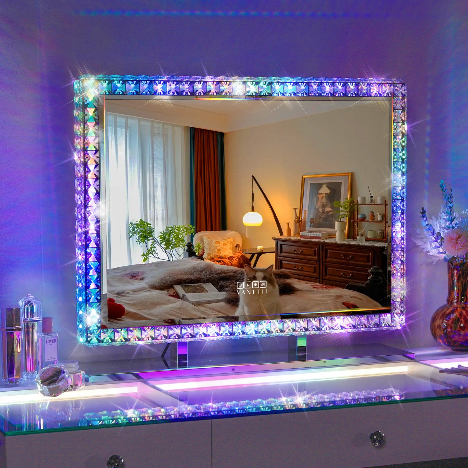 Buildonely Miroir de Maquillage 88x57 cm, Miroir Lumineux avec Lumières LED avec 3 Couleurs, Luminosité Réglable, Miroir Coiffeuse avec Contrôle Tactile, Mémoire Intelligente, Blanc
