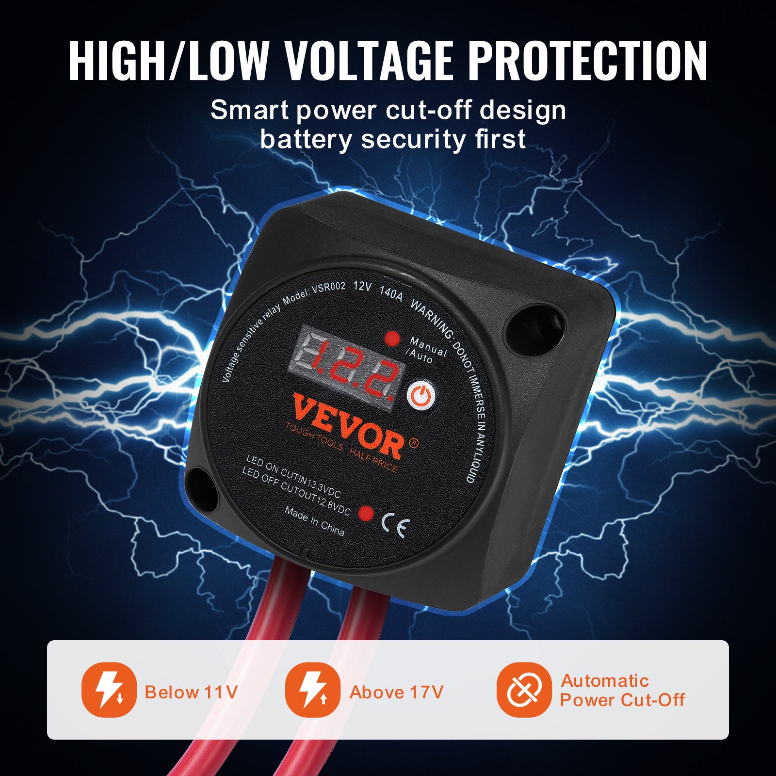 Isolateur batterie double,VEVOR 12V140 A,relais sensible tension VSR avec écran LCD,modes manuel automatique pour ATV,UTV,camping-car tout-terrain - 4