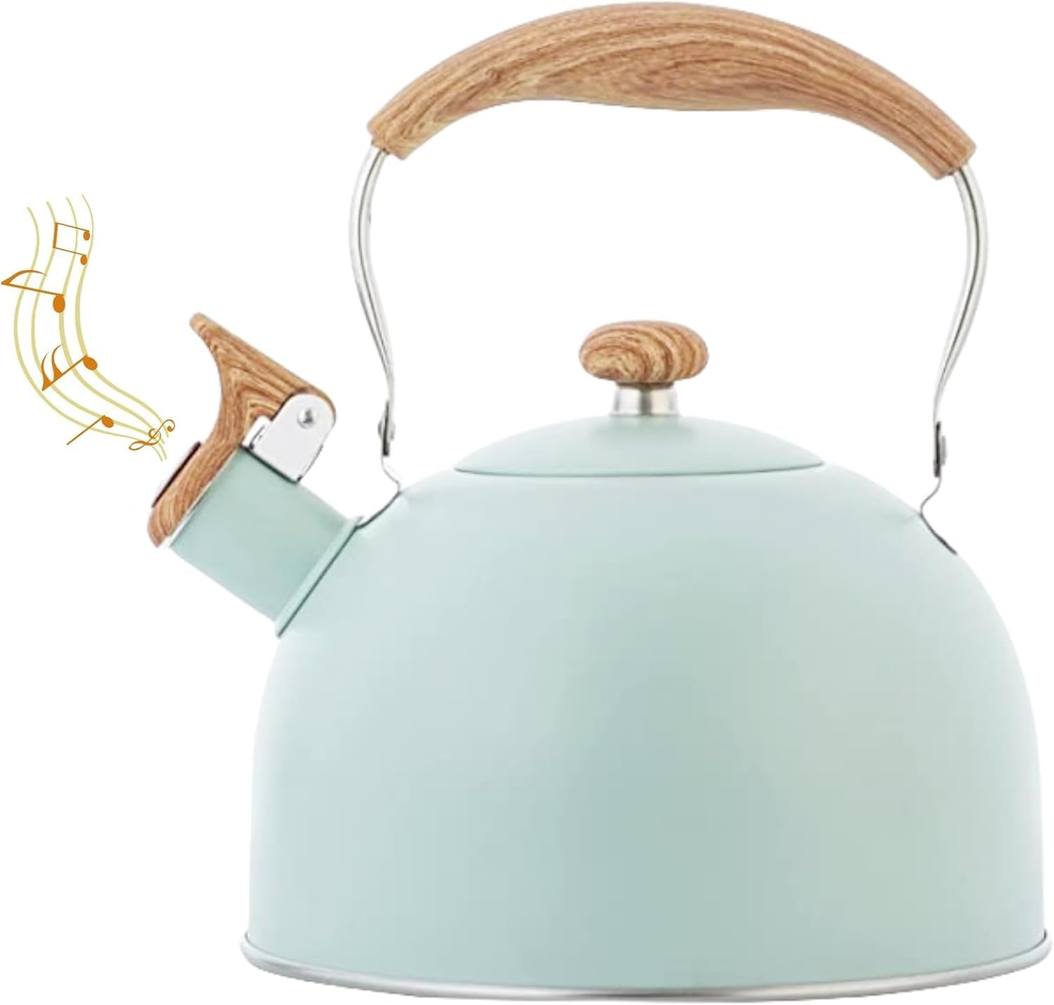 Czajnik ze stali nierdzewnej o pojemności 2,5 l z gwizdkiem i drewnianą rączką, kompatybilny z kuchenkami gazowymi i indukcyjnymi (zielony)