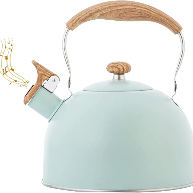 Czajnik ze stali nierdzewnej o pojemności 2,5 l z gwizdkiem i drewnianą rączką, kompatybilny z kuchenkami gazowymi i indukcyjnymi (zielony)