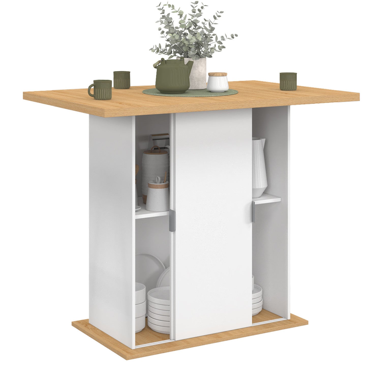 Ilot central 4 personnes PAXTON 110 cm pied central avec rangement bois blanc avec plan de travail façon hêtre - 4