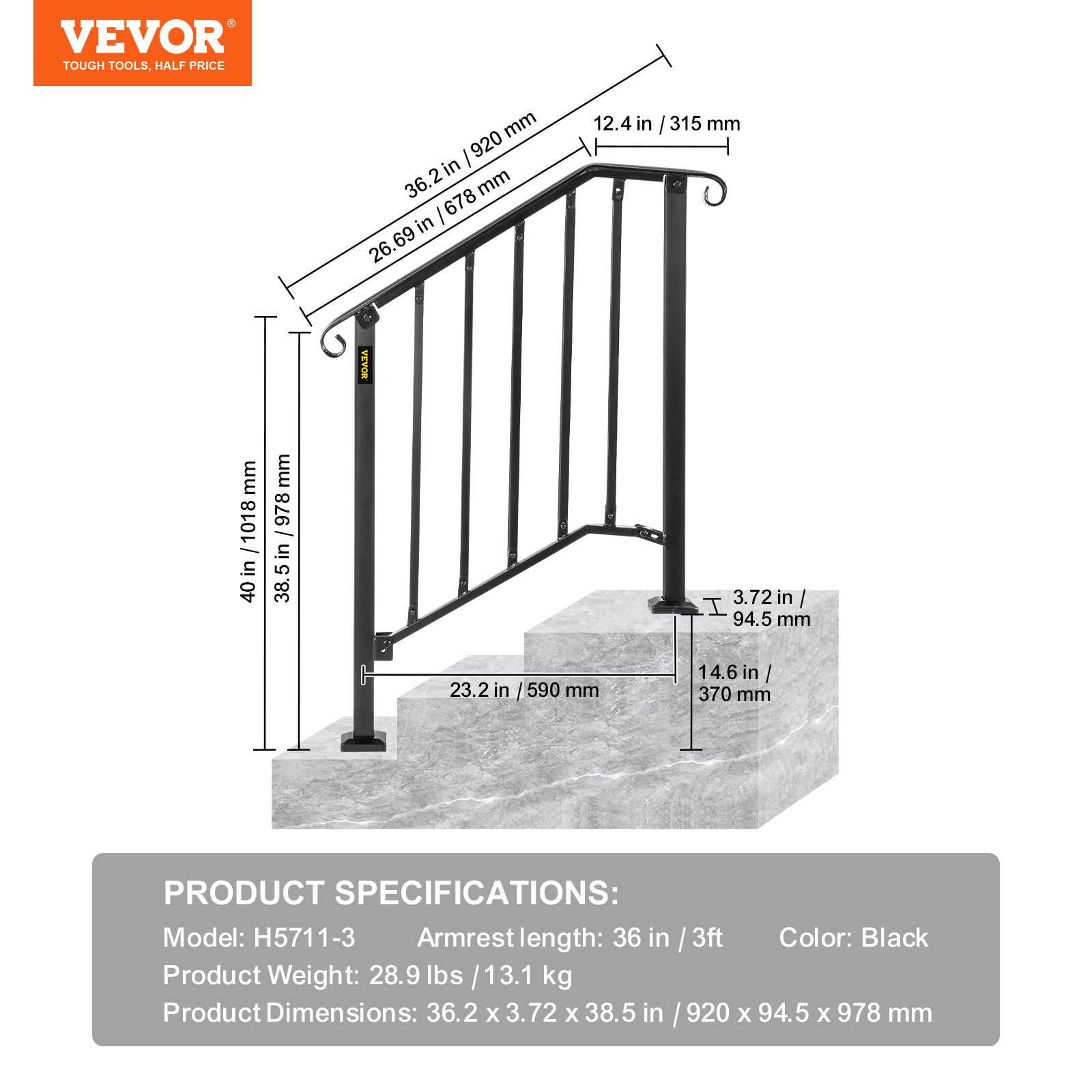 Rampe d'Escalier VEVOR 2 à 3 Marches Garde-corps pour Escalier Main Courante Noire pour Escalier - 7