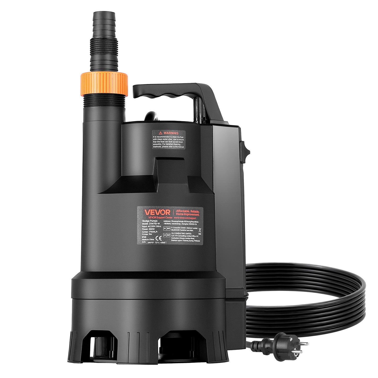 Pompe submersibile VEVOR pentru apă uzată, PP-GF20, 690 W, 17500 L/h, HMT 9 m, plutitor auto, pentru piscine/curți acvatice/zonă inundate