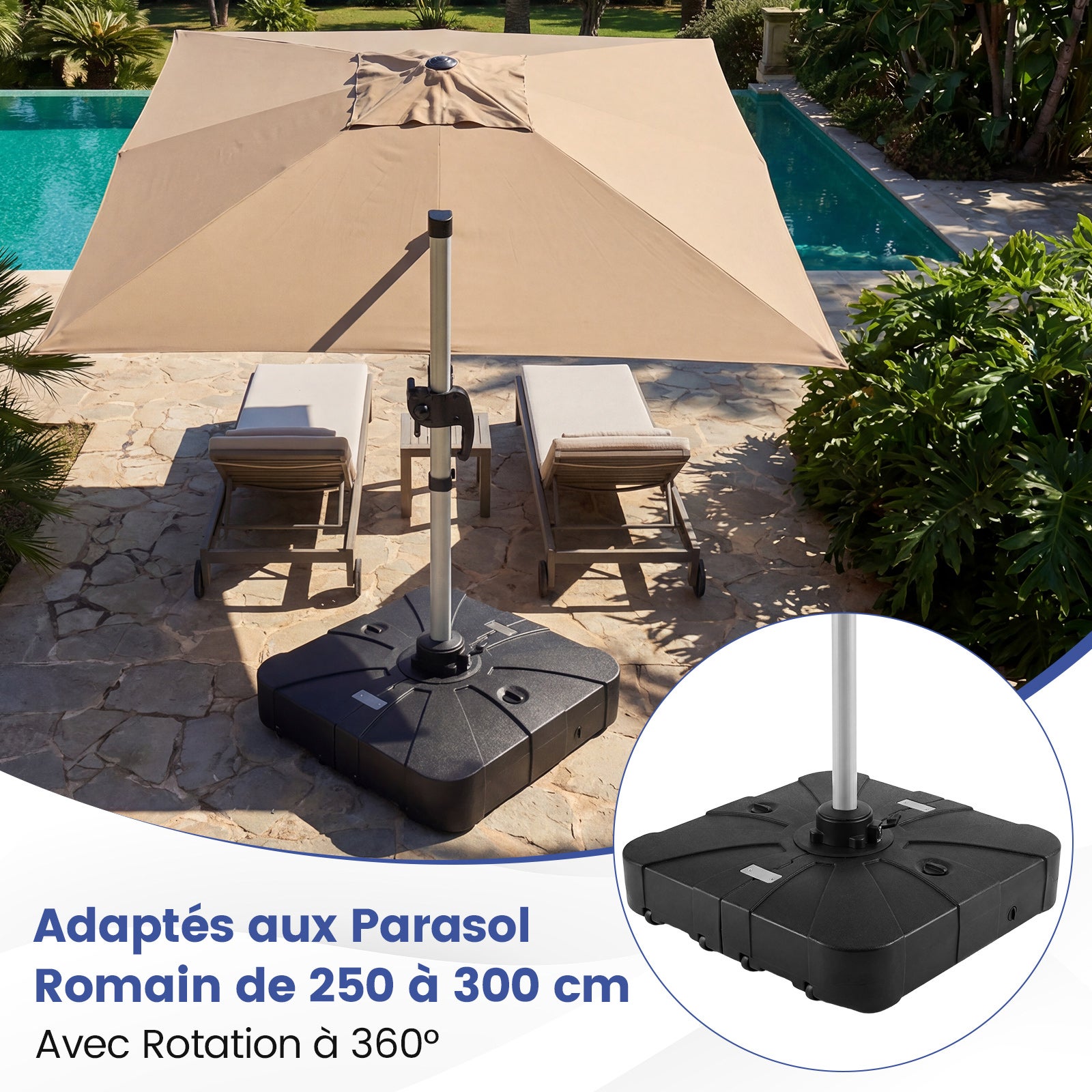 Pied de Parasol Déporté avec roulettes, Support Parasol en HDPE, Remplissable 130 kg Sable& Eau/120 kg Sable/107 kg Eau, 84 x 84 x 20 cm - 3