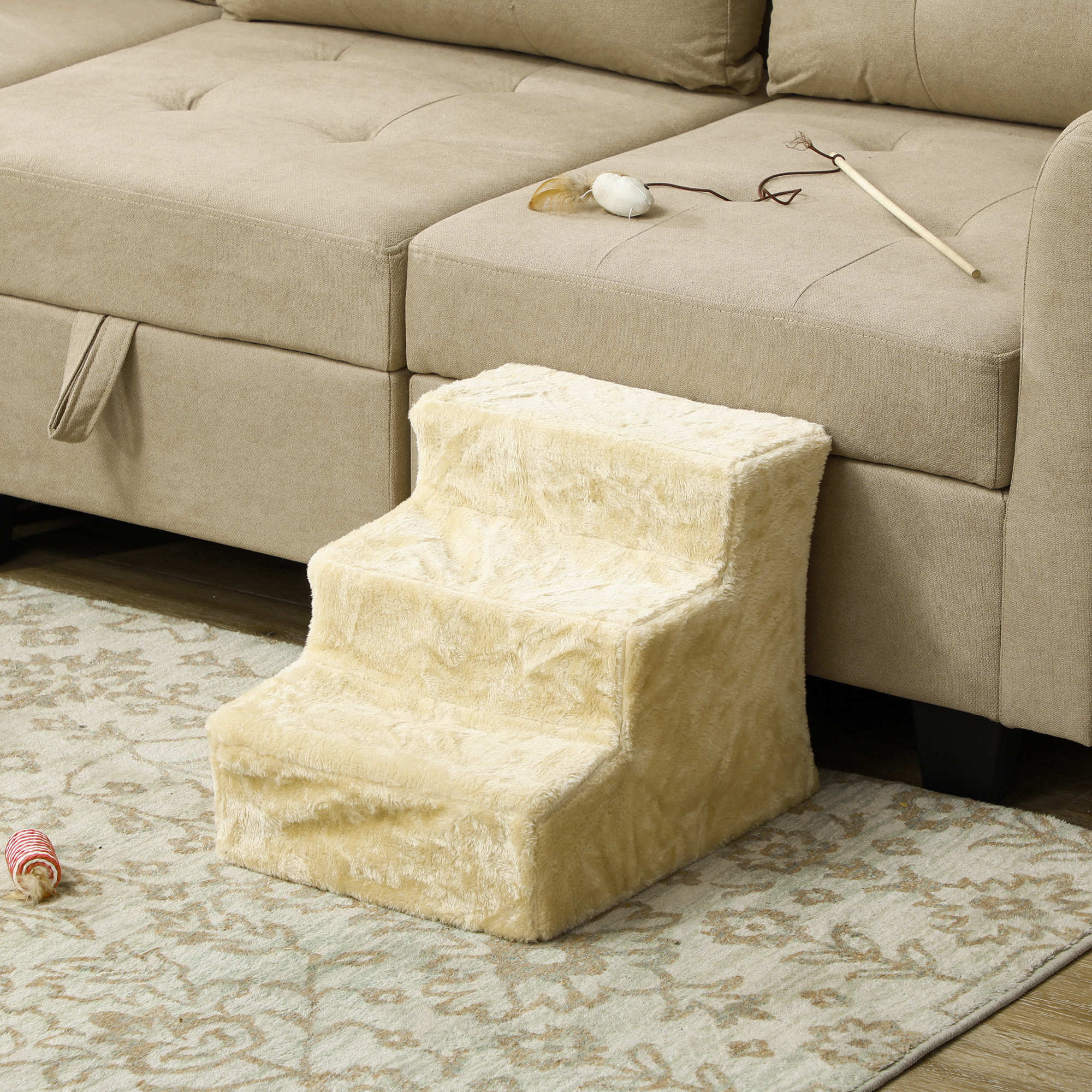 Escalera para Mascotas PawHut Aglomerado de Madera, Felpa Beige 46x35x35 cm D06-091V01BG - 2