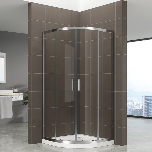 TIBY Cabine porte de douche coulissante H 190 cm 1/4 de cercle chromé verre transparent 80 x 80 cm + receveur inclus