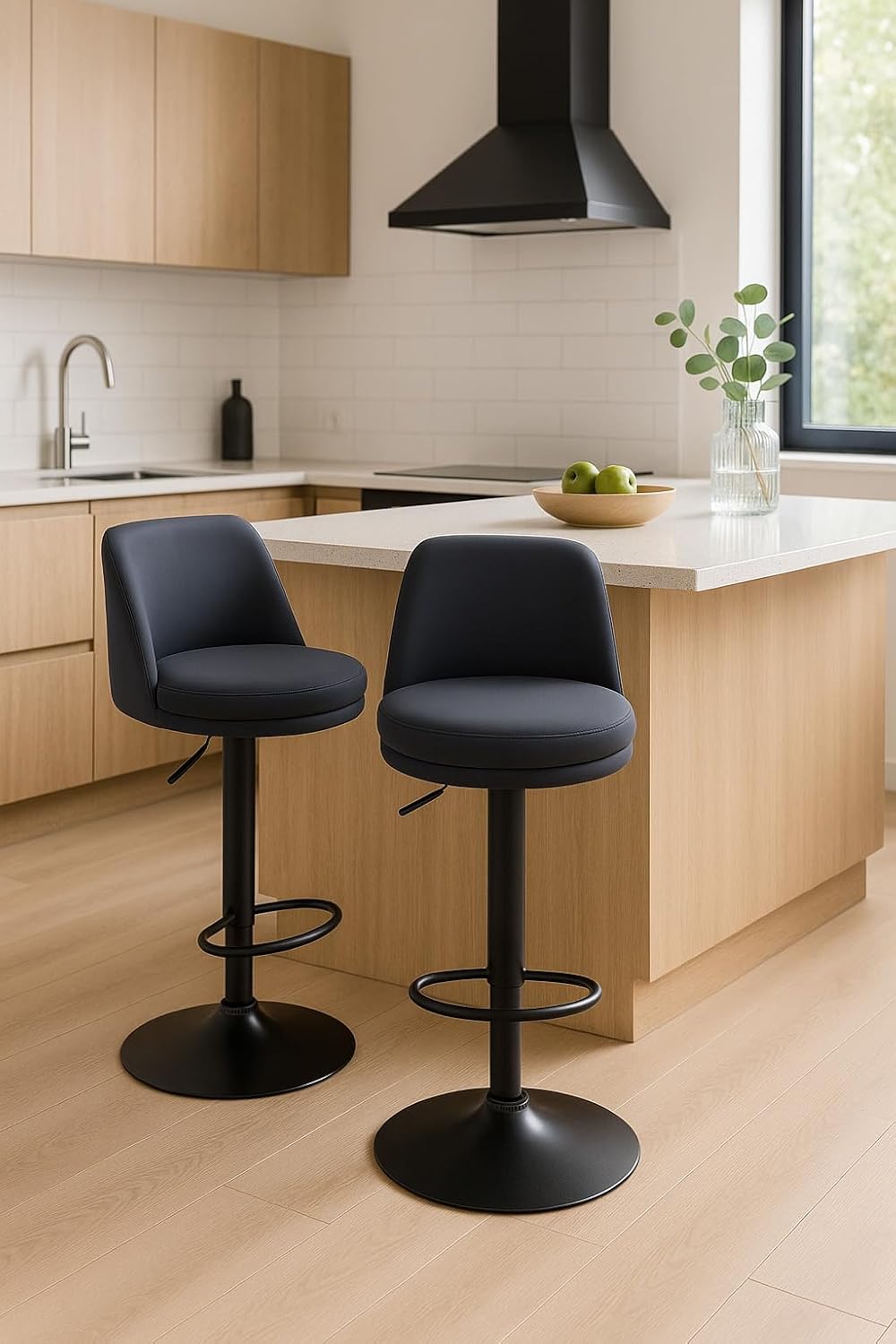 Lot de 2 tabourets de bar, assise ronde, haut dossier, réglable, pivotant rif (noir) - 2