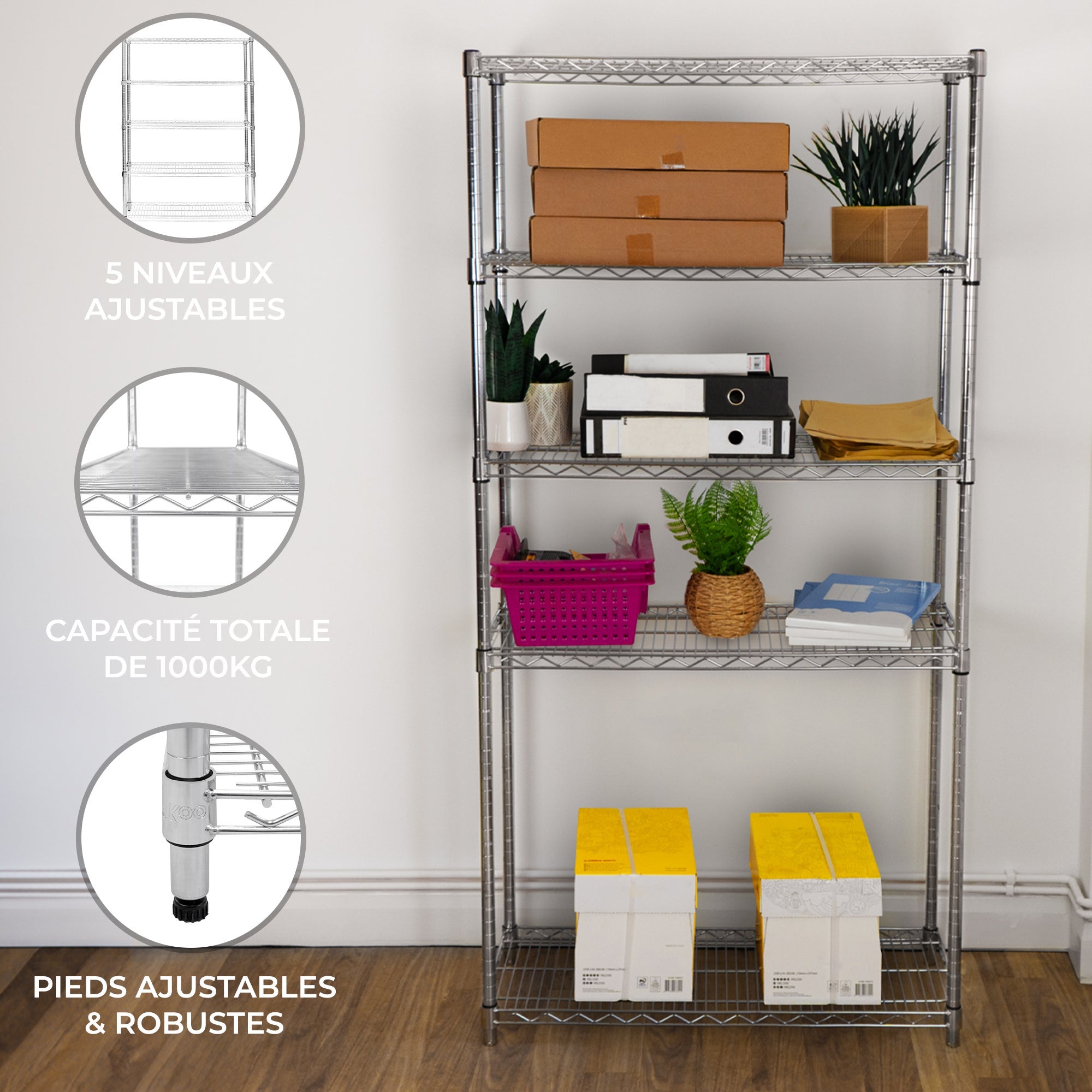 Etagère en Fil d'Acier Chromé 1000KG - 45 x 90 x 180cm - Pied de Nivellement - Rangement Garage, Cuisine, Atelier, - 2