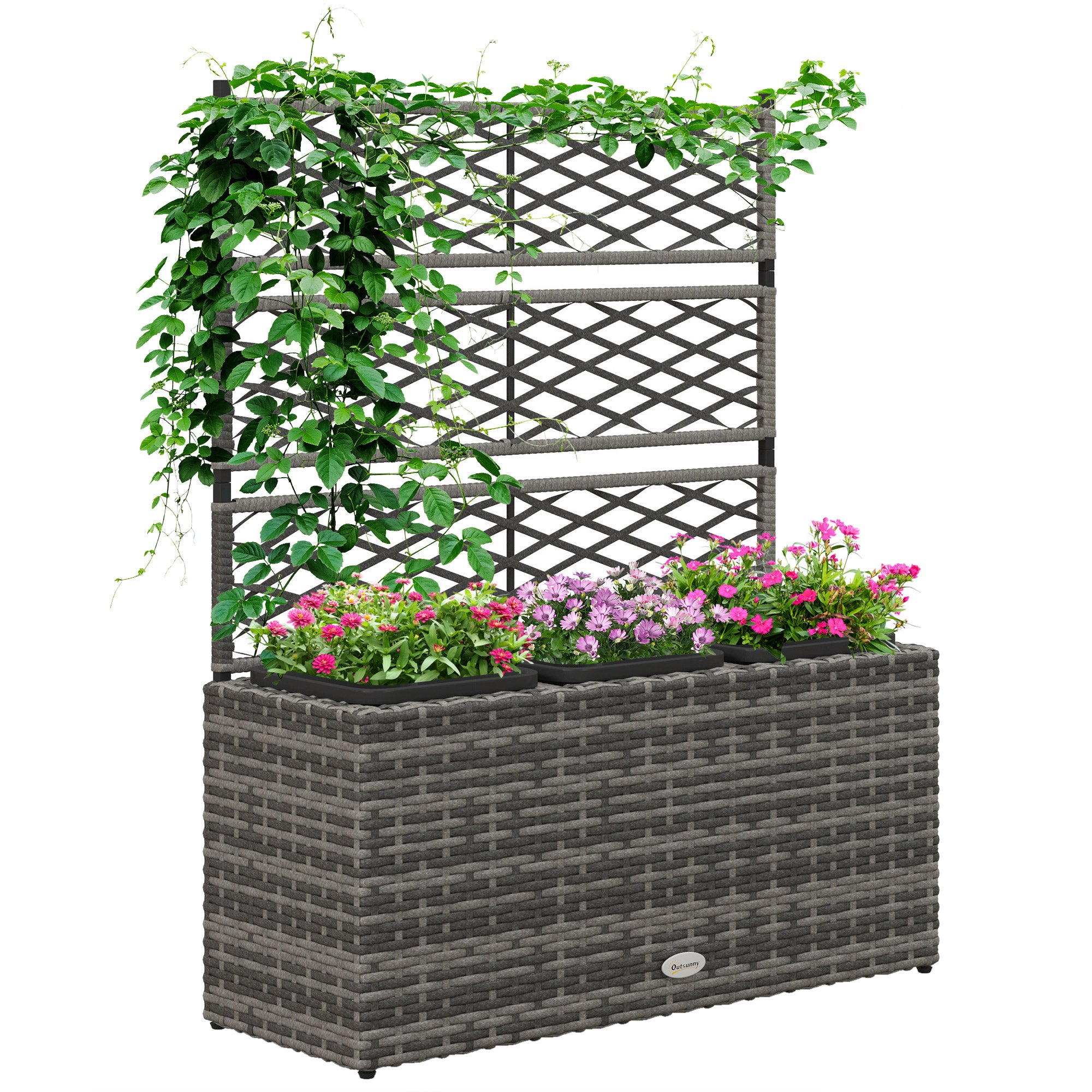 Donica z kratką do roślin pnących z 3 doniczkami ze stali i rattanu PE, 84x30x107 cm, kolor szary