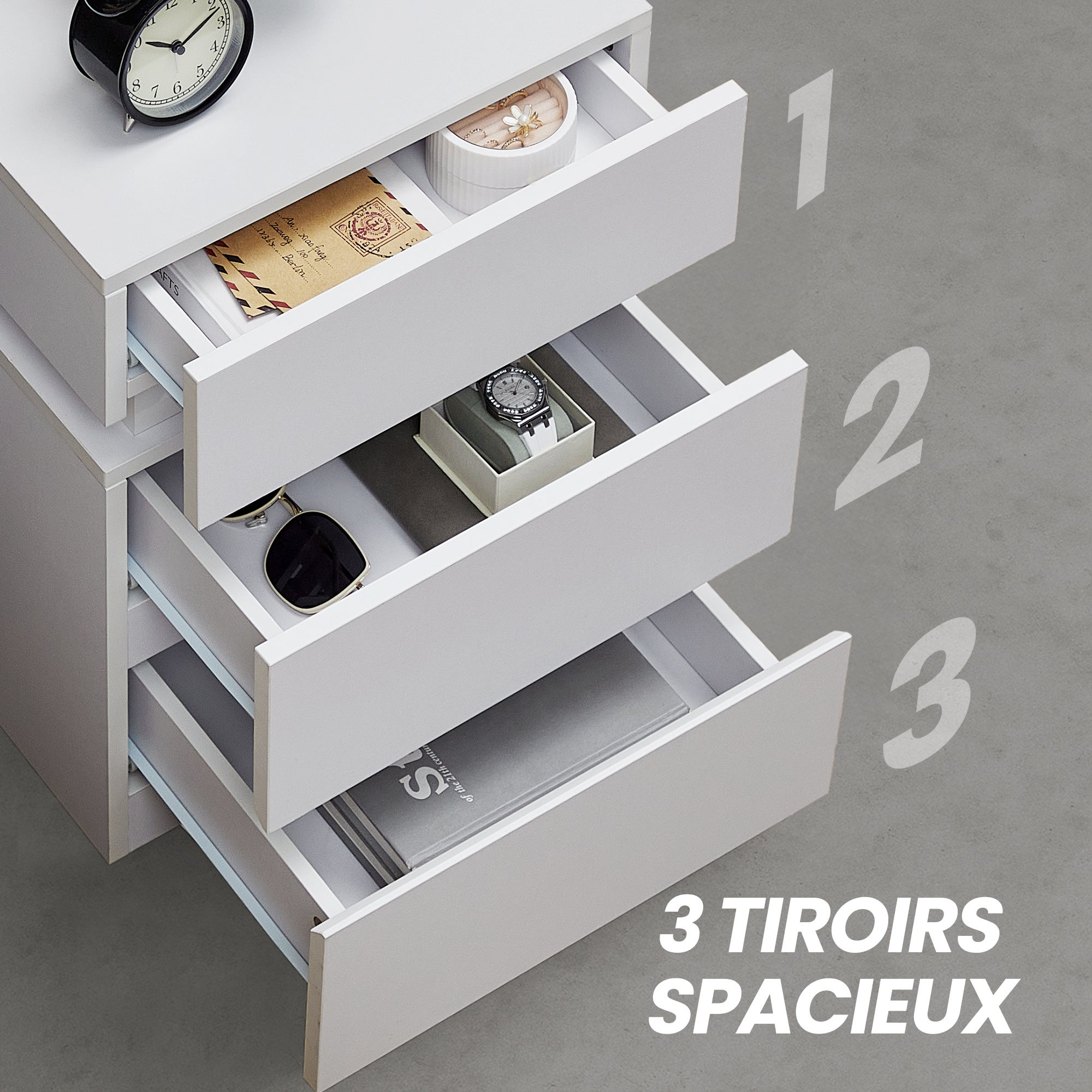 Table de Chevet avec Éclairage LED, Lot de 2, avec 3 Tiroirs, pour Chambre, Moderne, 35,1 x 40,1 x 55,1 cm, Blanc - 7